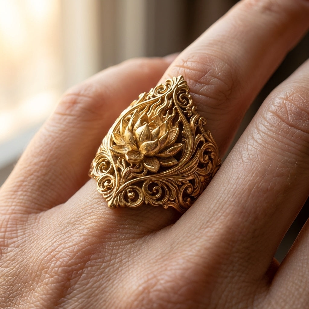 Gold ring with intricate design on a finger
