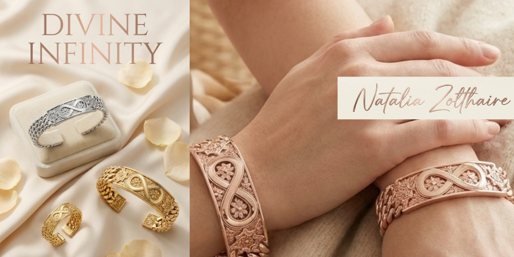 Divine Infinity Natalia Zolthaire gold script on black