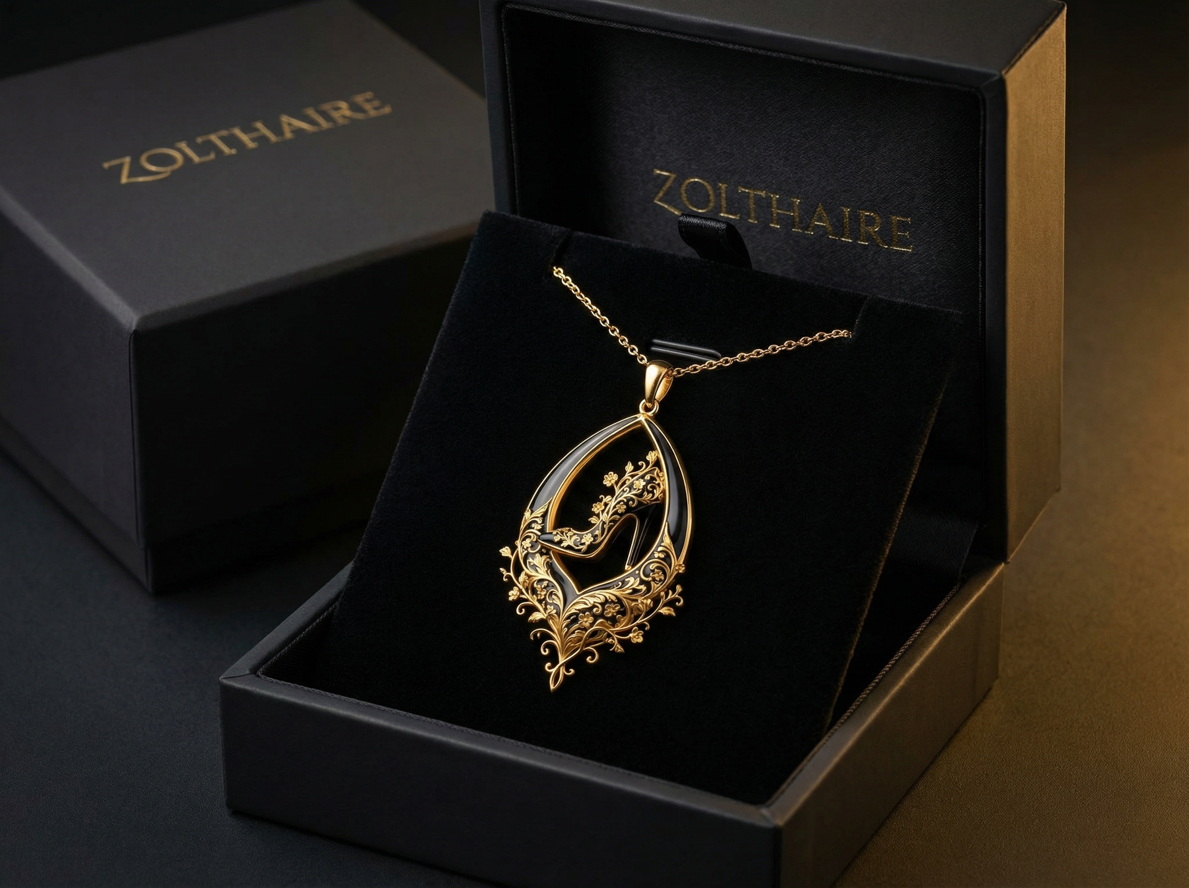 Gold necklace in a Zolthaire box