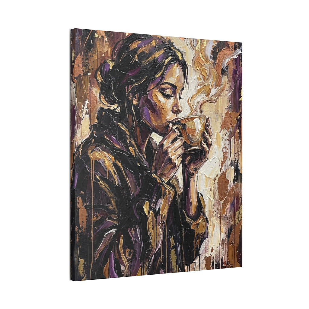 Woman Drinking Coffee Expressionist Canvas Wall Art — Kitchen Decor