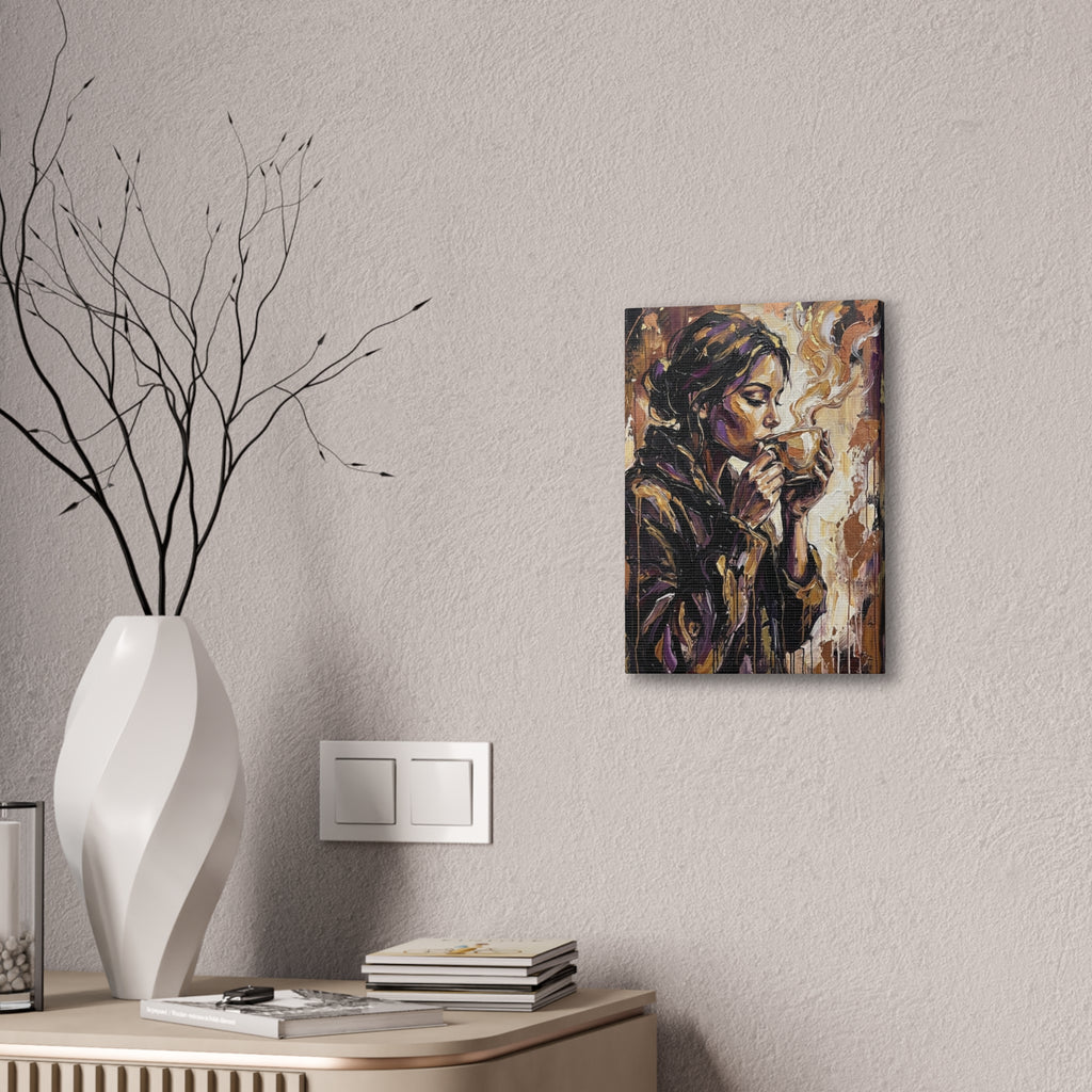 Woman Drinking Coffee Expressionist Canvas Wall Art — Kitchen Decor
