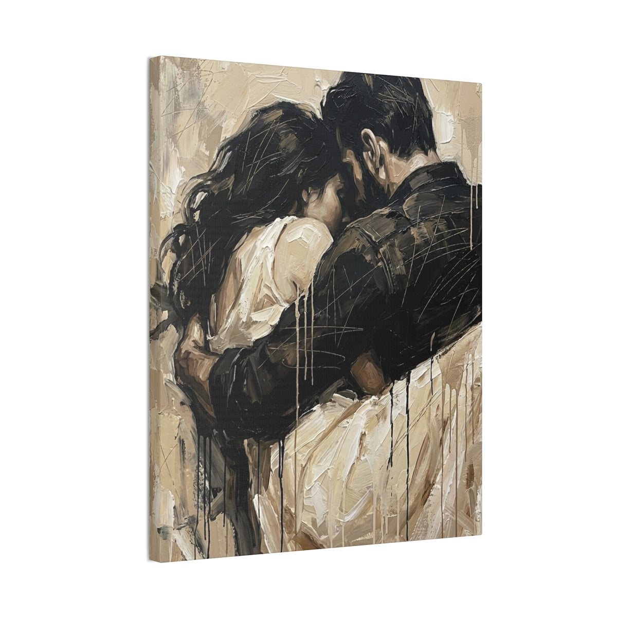 Safety Being Held - Expressionist Loving Couple Canvas Art — Emotional Intimacy