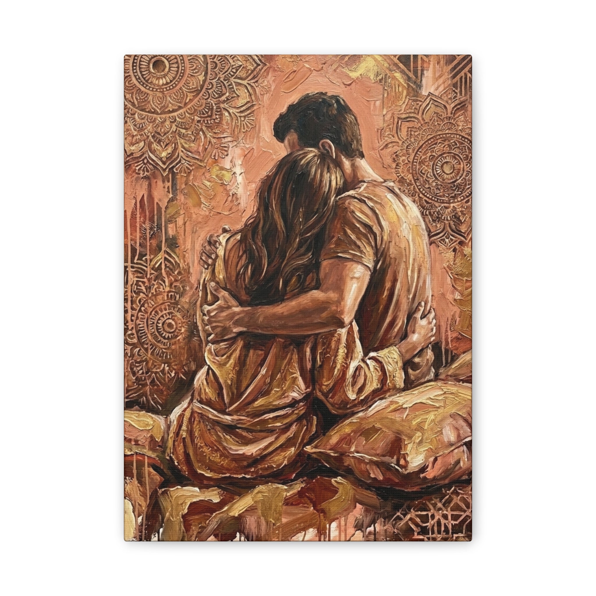 Rose Gold Mandala Lovers Canvas Wall Art — Intimate Couple Embrace (Stretched)