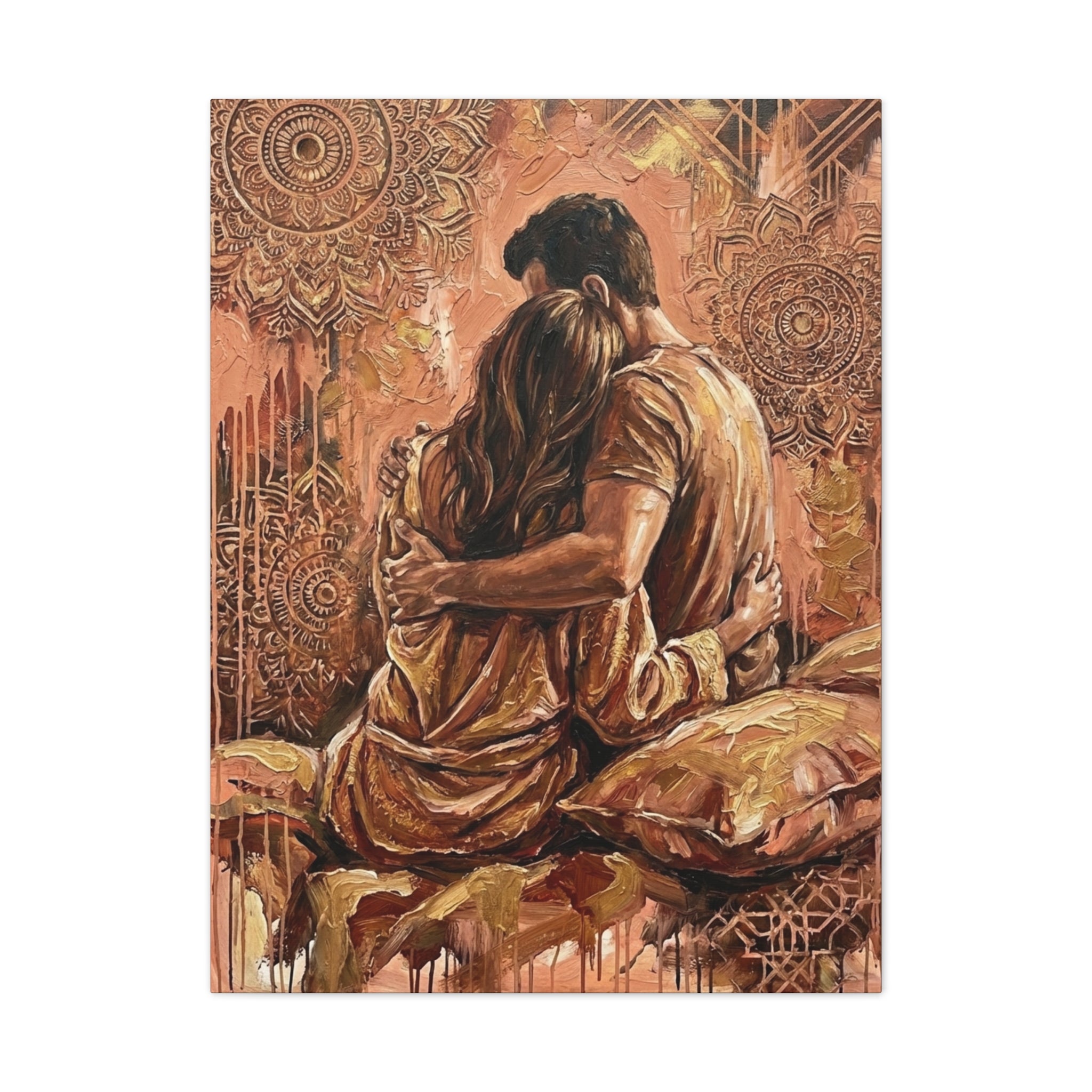 Rose Gold Mandala Lovers Canvas Wall Art — Intimate Couple Embrace (Stretched)