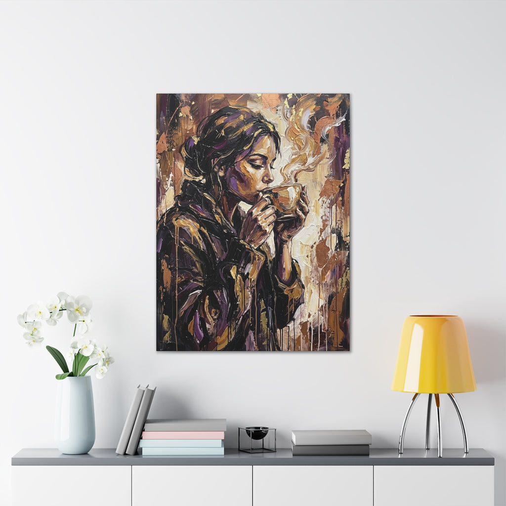 Woman Drinking Coffee Expressionist Canvas Wall Art — Kitchen Decor