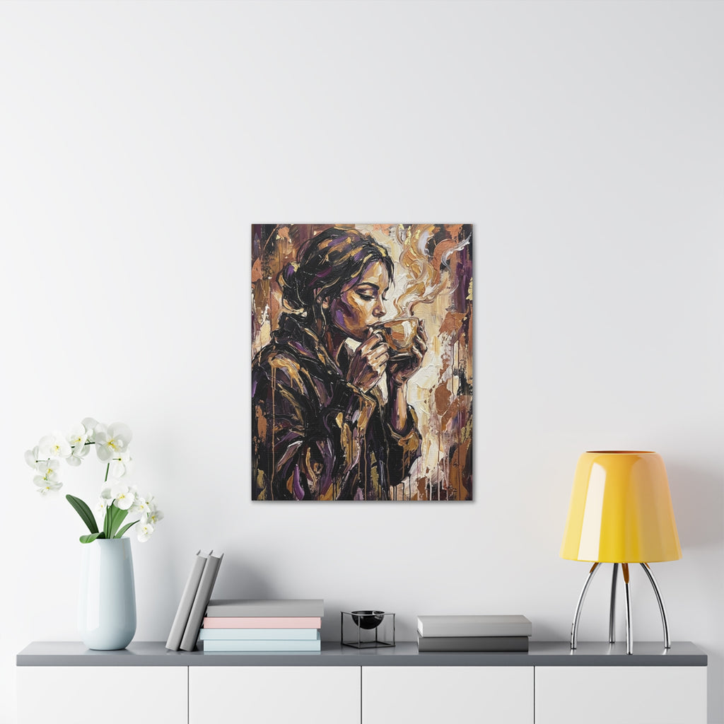 Woman Drinking Coffee Expressionist Canvas Wall Art — Kitchen Decor