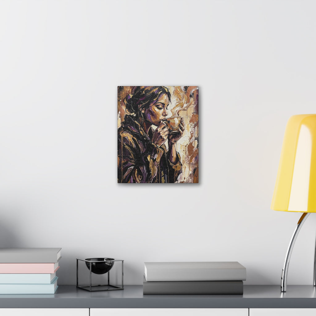 Woman Drinking Coffee Expressionist Canvas Wall Art — Kitchen Decor