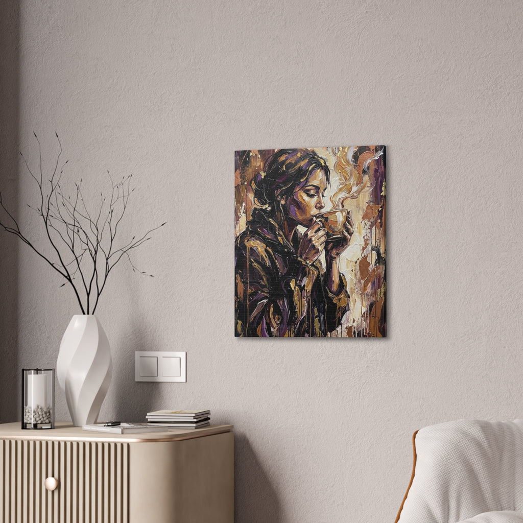 Woman Drinking Coffee Expressionist Canvas Wall Art — Kitchen Decor