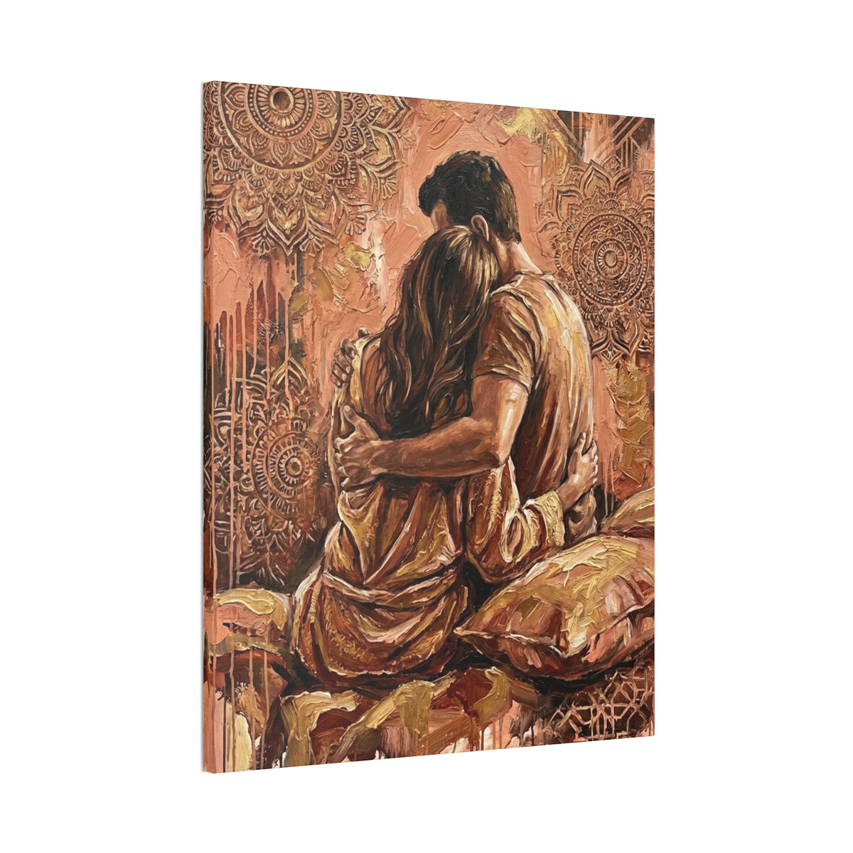 Rose Gold Mandala Lovers Canvas Wall Art — Intimate Couple Embrace (Stretched)