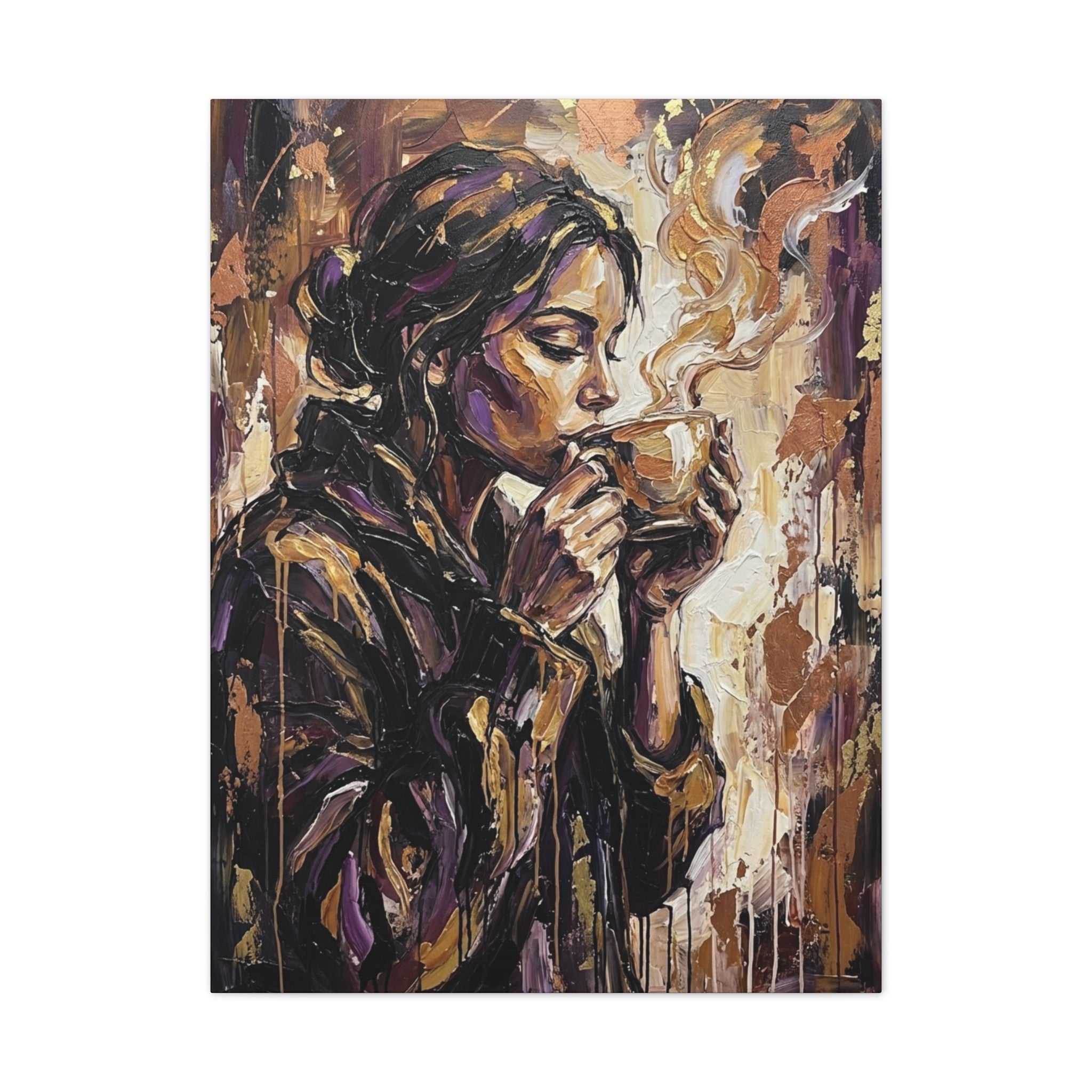 Woman Drinking Coffee Expressionist Canvas Wall Art — Kitchen Decor