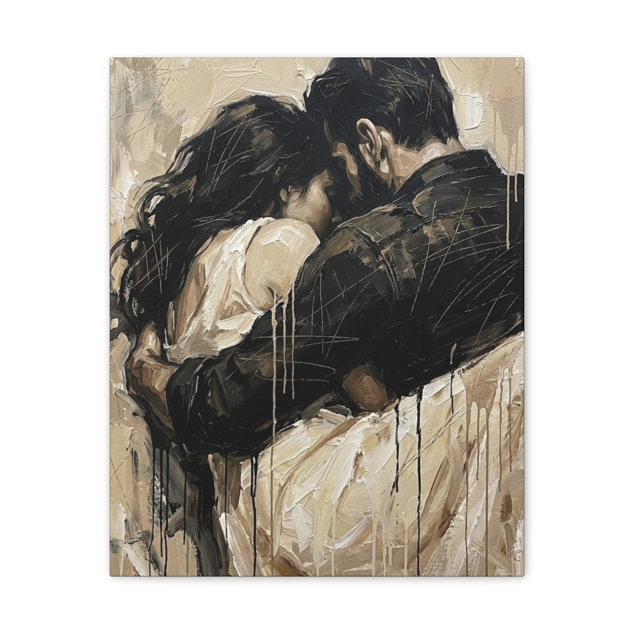 Safety Being Held - Expressionist Loving Couple Canvas Art — Emotional Intimacy