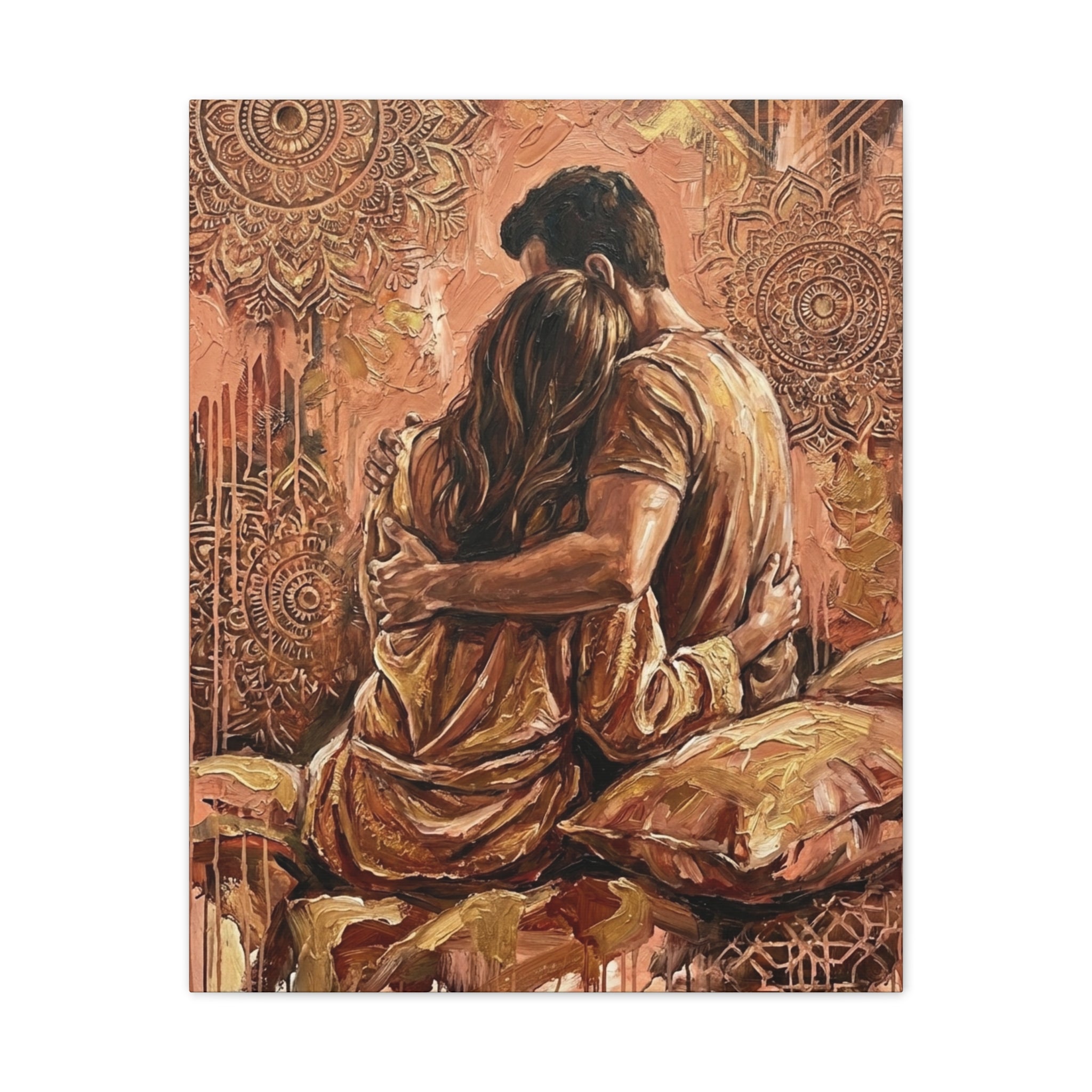 Rose Gold Mandala Lovers Canvas Wall Art — Intimate Couple Embrace (Stretched)