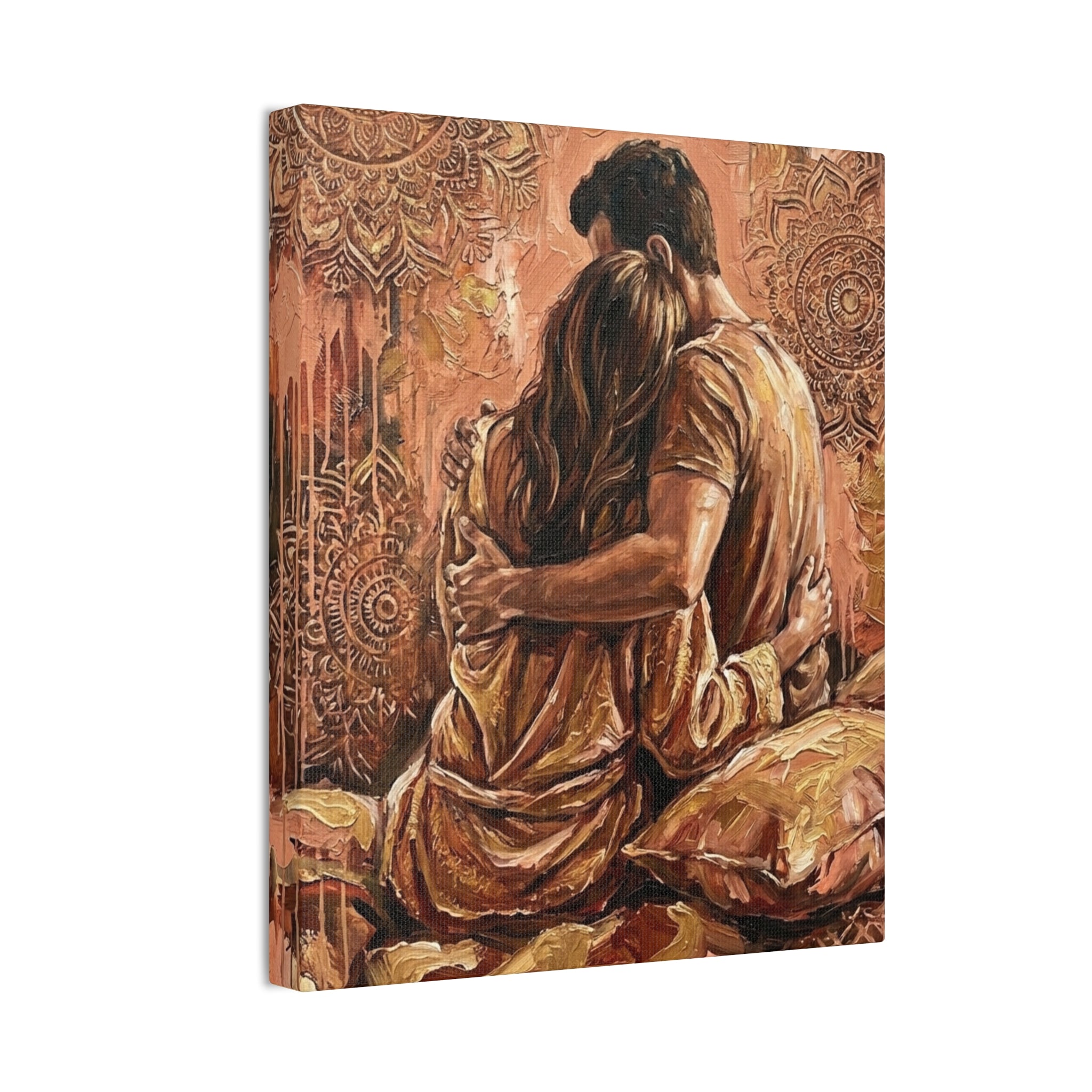 Rose Gold Mandala Lovers Canvas Wall Art — Intimate Couple Embrace (Stretched)