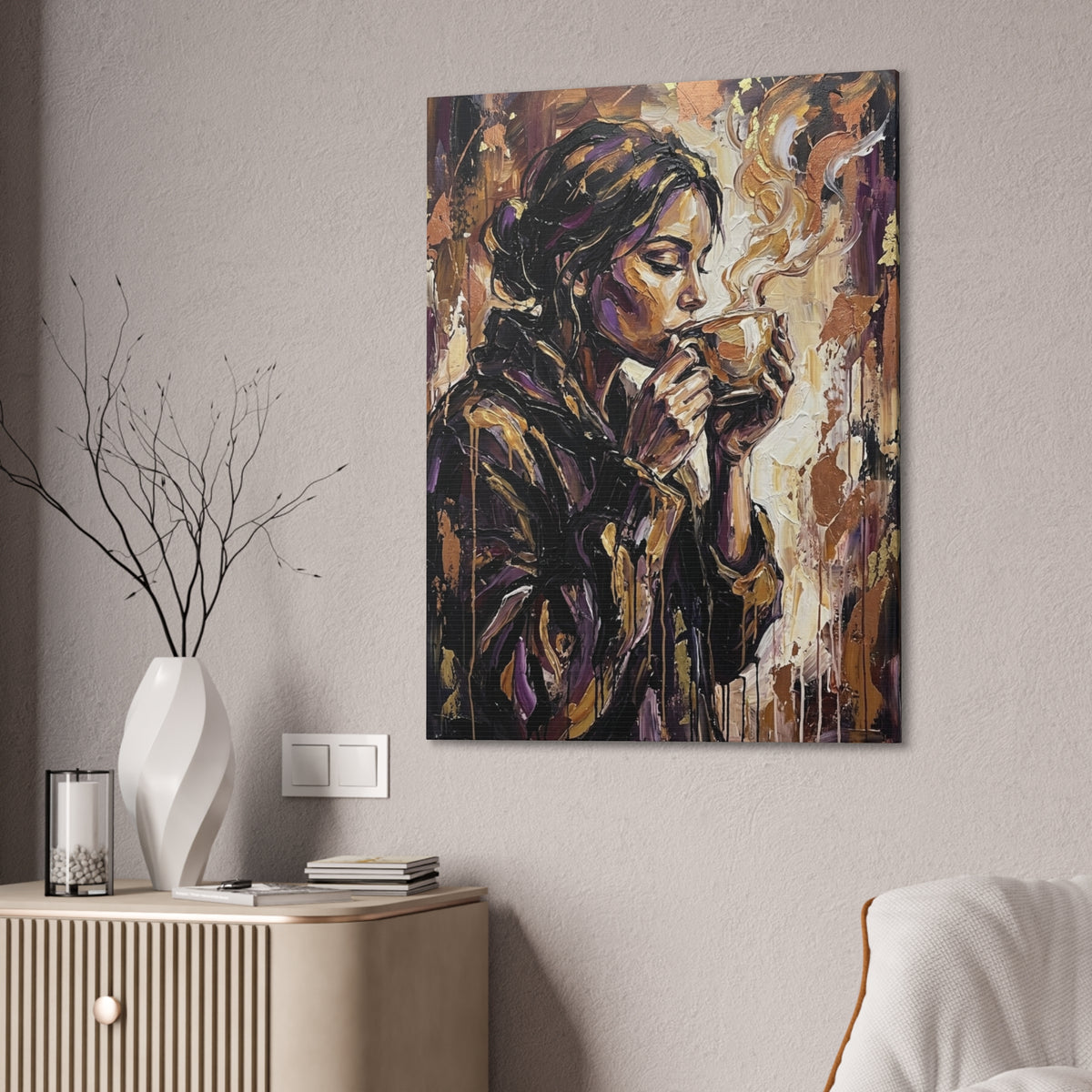 Woman Drinking Coffee Expressionist Canvas Wall Art — Kitchen Decor