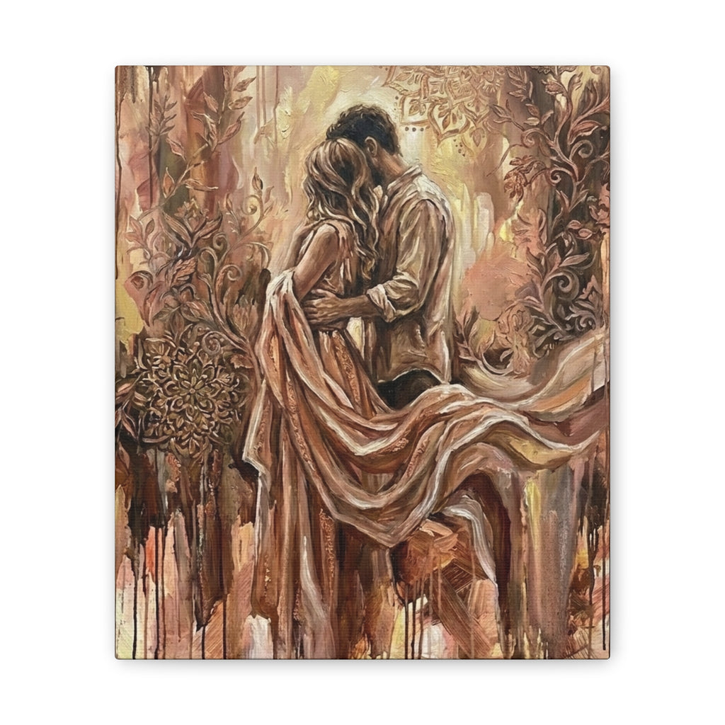 Rose Gold Loving Intimate Couple Canvas Print — Romantic Stretched Wall Art