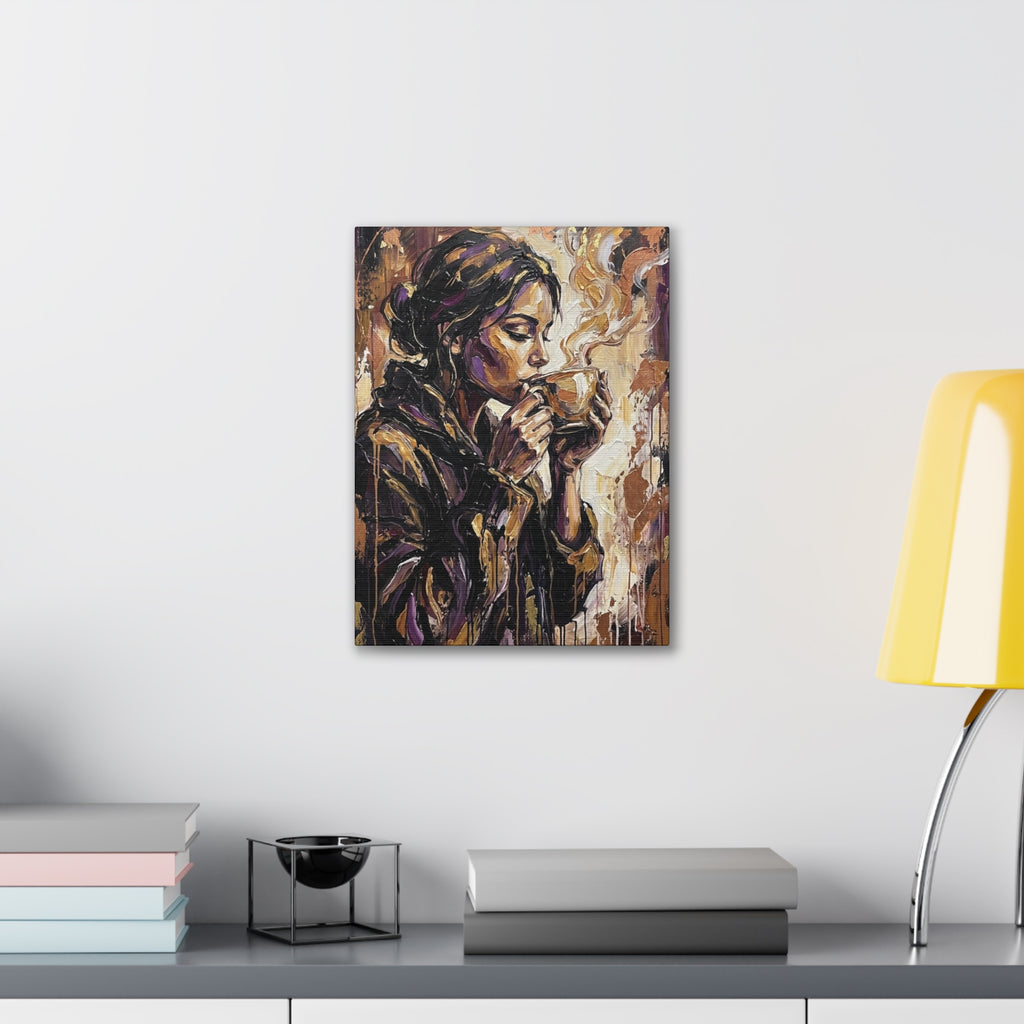 Woman Drinking Coffee Expressionist Canvas Wall Art — Kitchen Decor