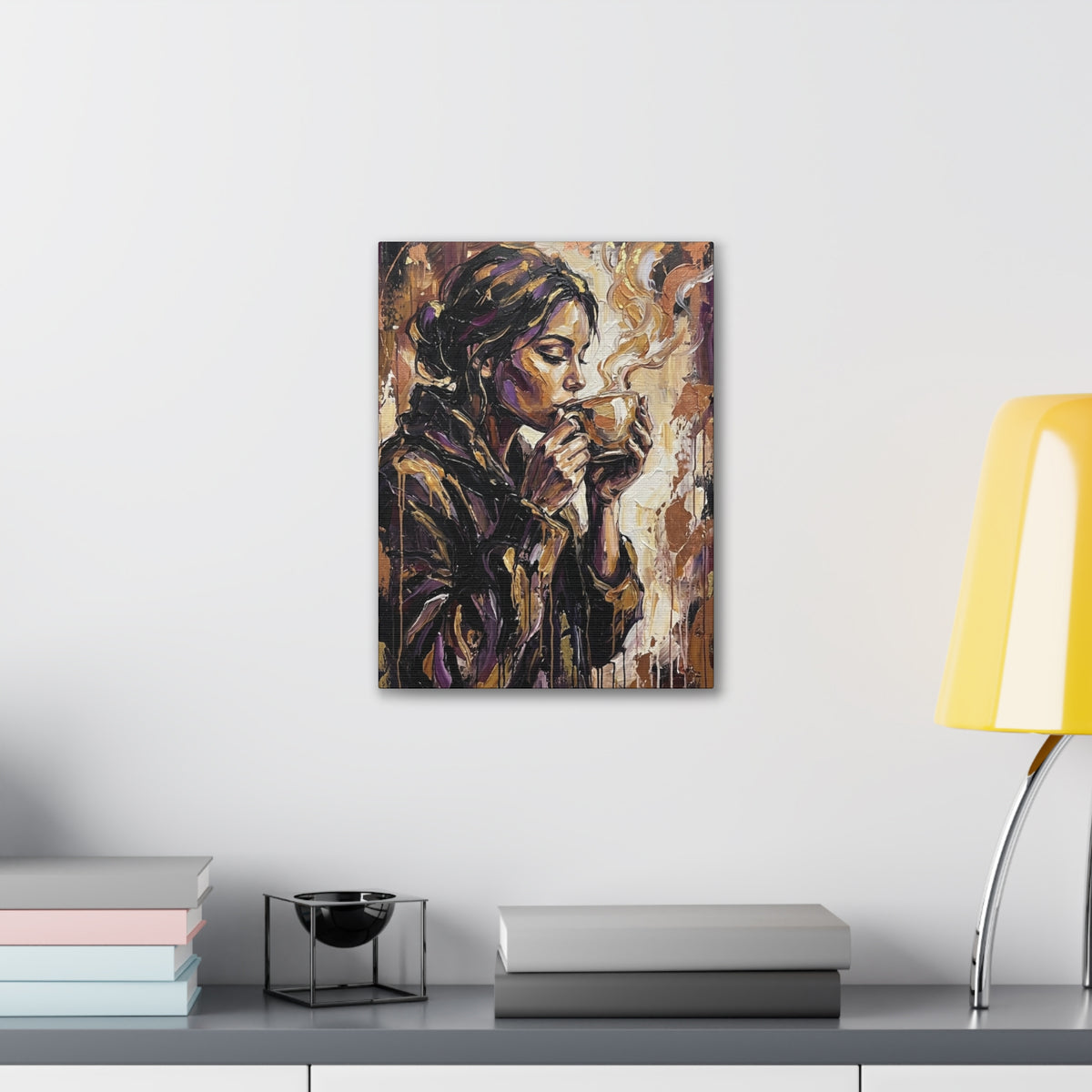 Woman Drinking Coffee Expressionist Canvas Wall Art — Kitchen Decor