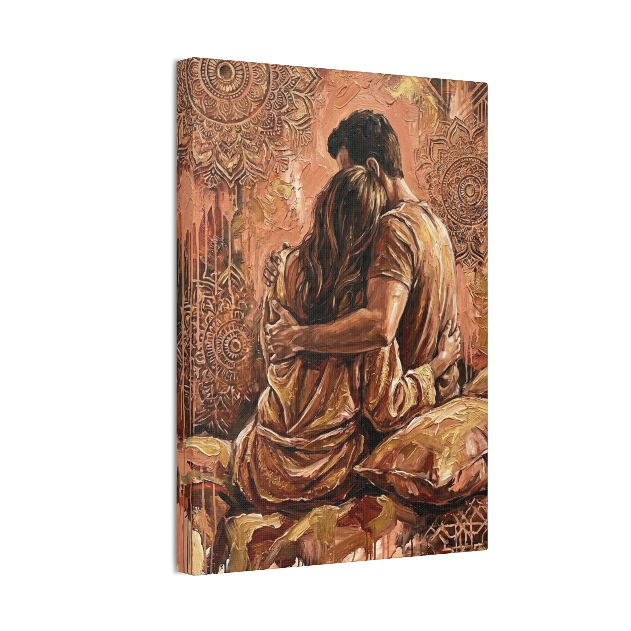 Rose Gold Mandala Lovers Canvas Wall Art — Intimate Couple Embrace (Stretched)
