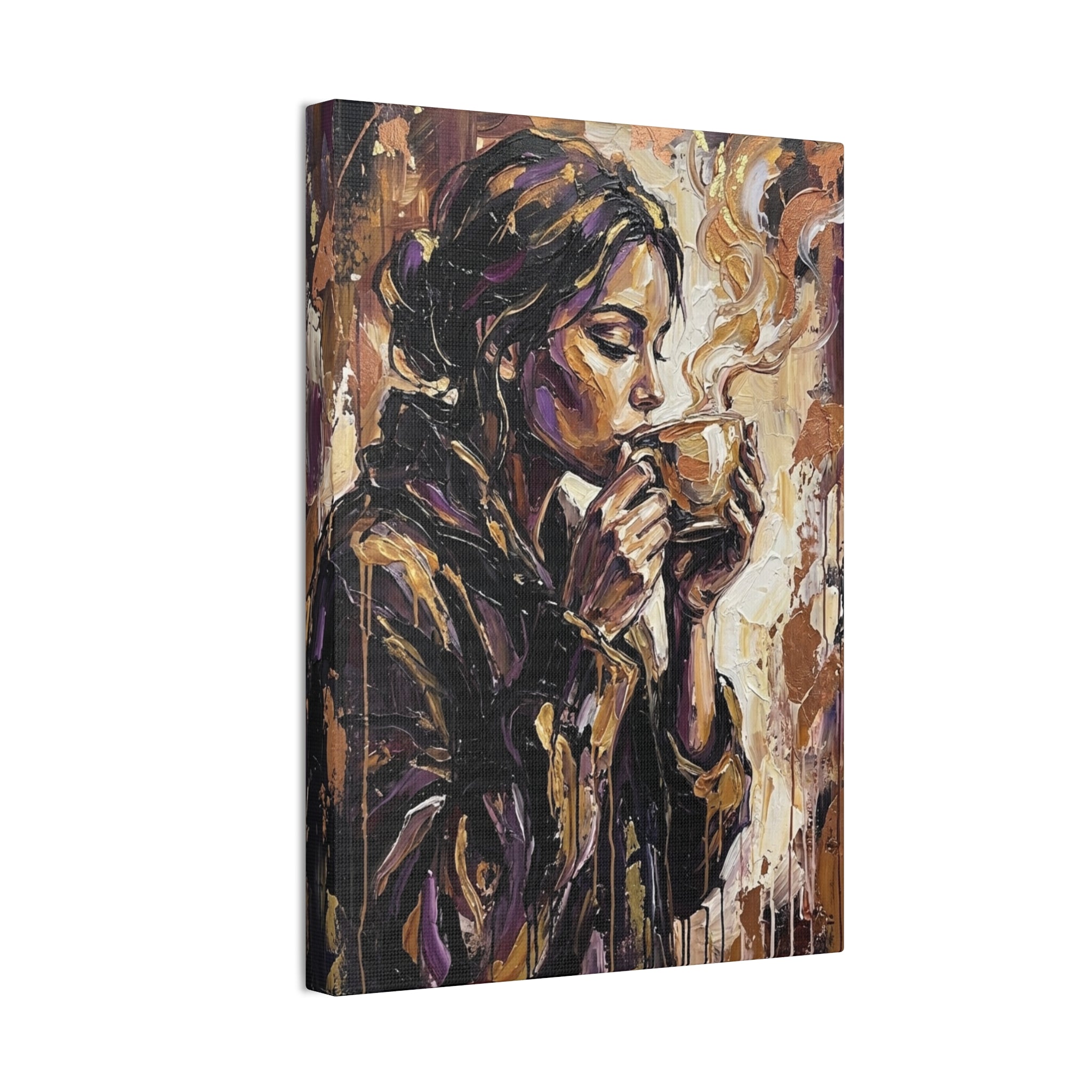 Woman Drinking Coffee Expressionist Canvas Wall Art — Kitchen Decor