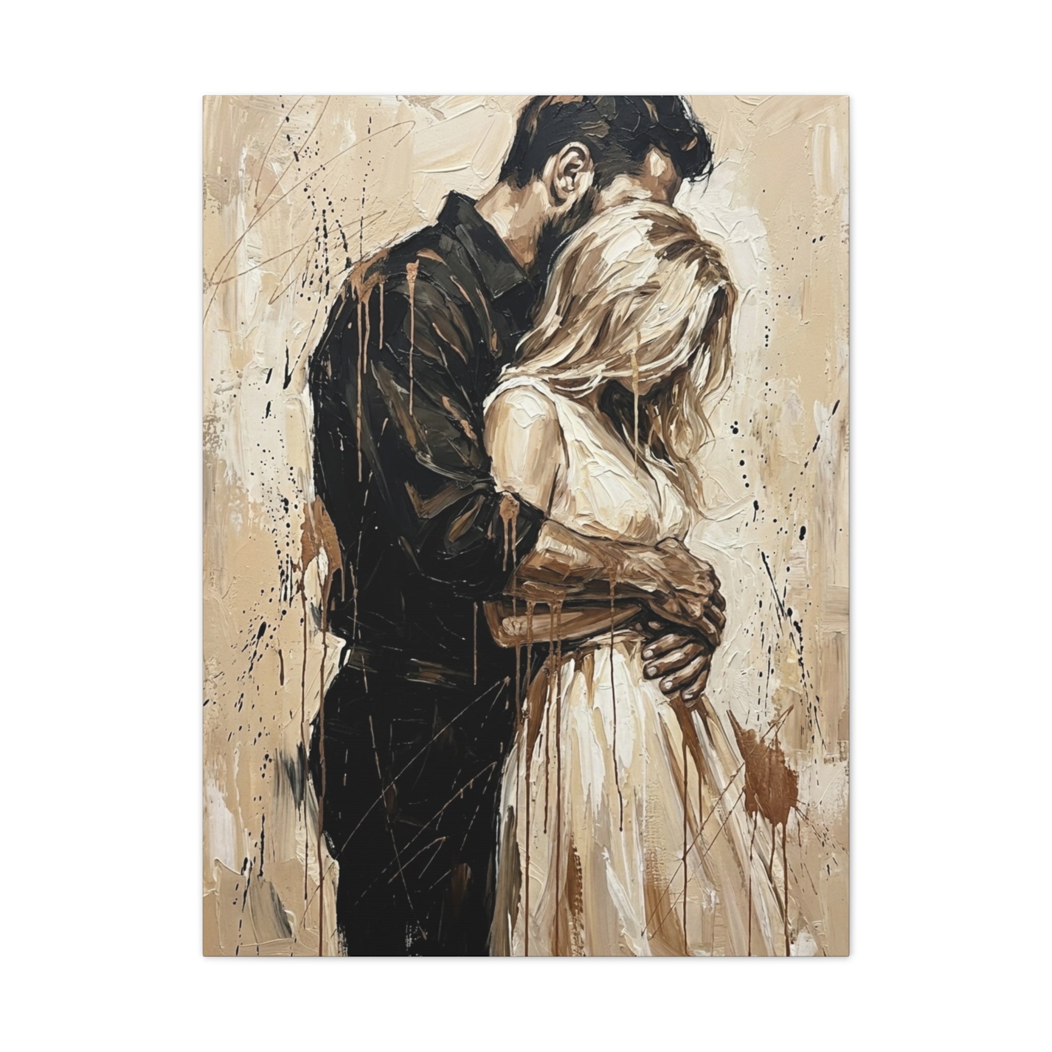 Expressionist 'Tender Moments' Stretched Canvas — Loving Couple Embracing Wall Art