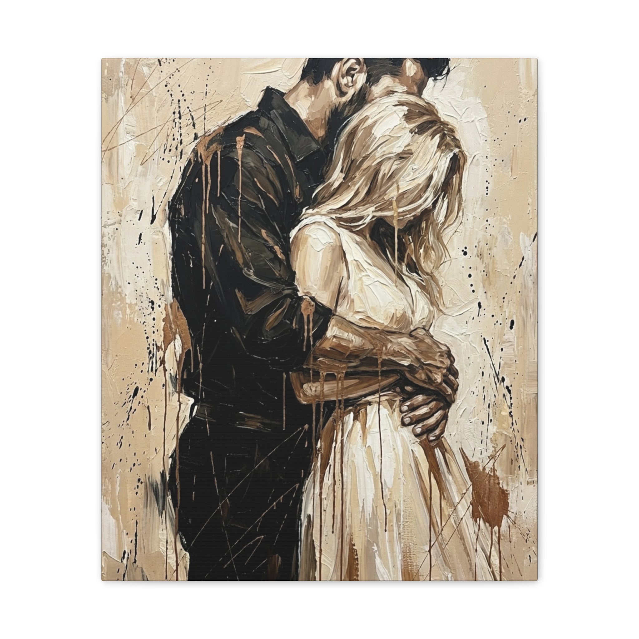 Expressionist 'Tender Moments' Stretched Canvas — Loving Couple Embracing Wall Art