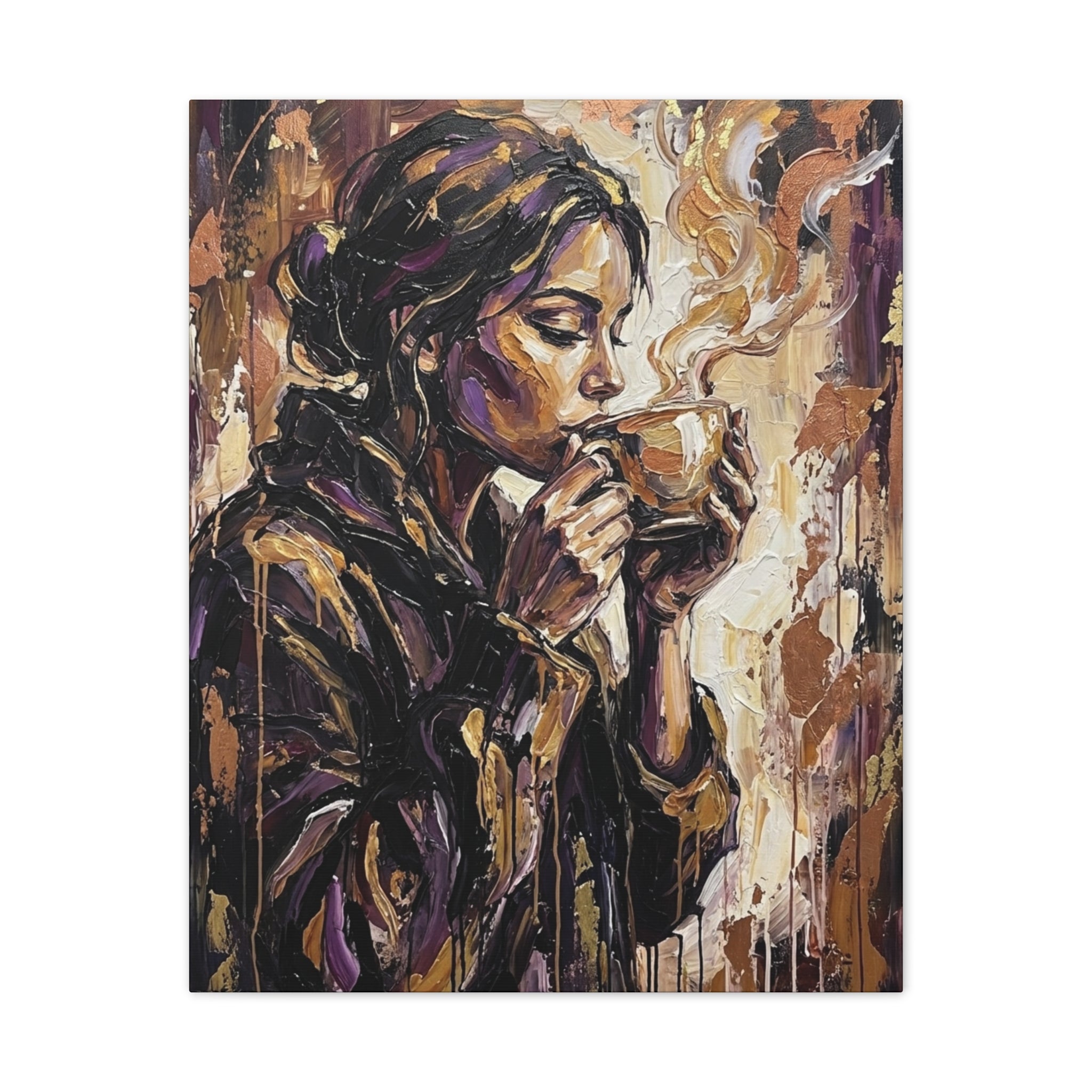 Woman Drinking Coffee Expressionist Canvas Wall Art — Kitchen Decor