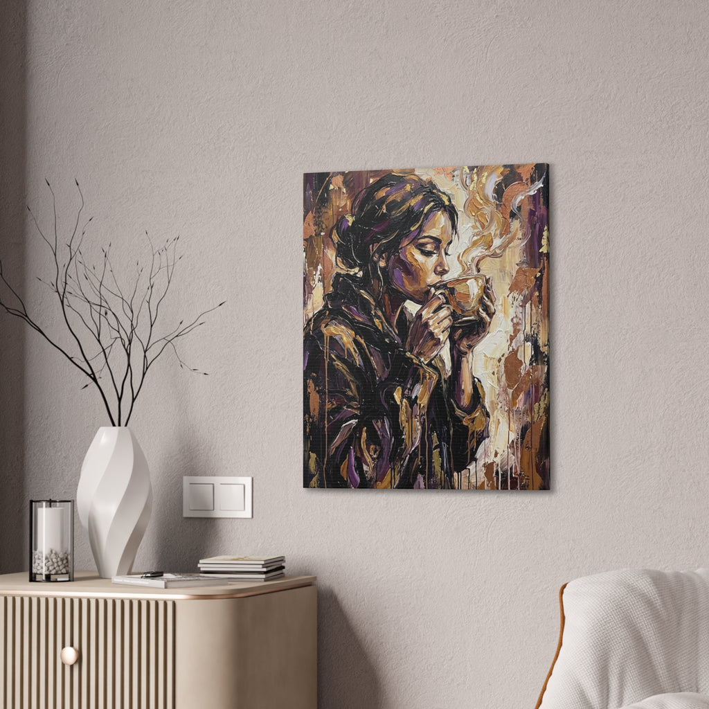 Woman Drinking Coffee Expressionist Canvas Wall Art — Kitchen Decor