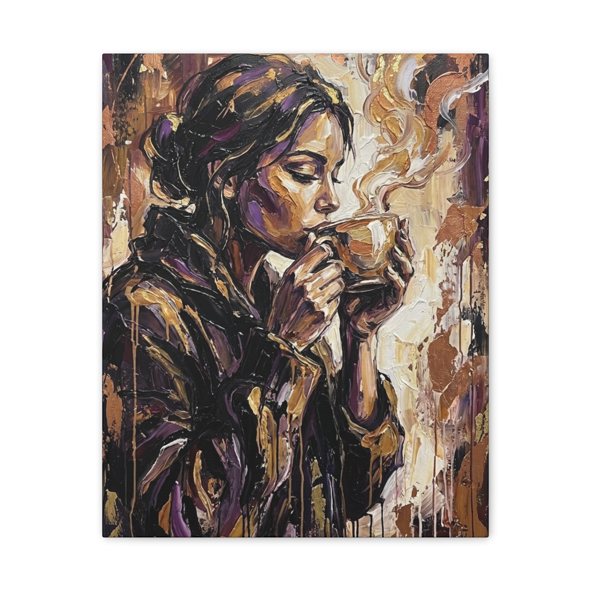 Woman Drinking Coffee Expressionist Canvas Wall Art — Kitchen Decor