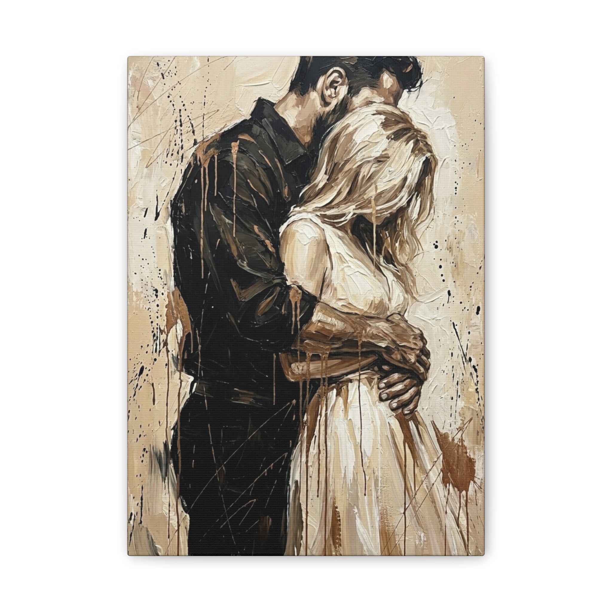 Expressionist 'Tender Moments' Stretched Canvas — Loving Couple Embracing Wall Art
