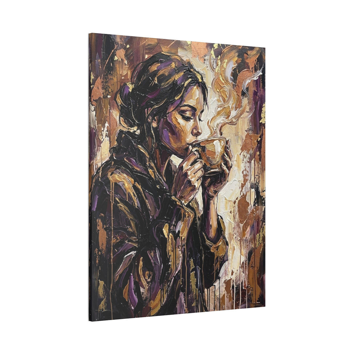 Woman Drinking Coffee Expressionist Canvas Wall Art — Kitchen Decor