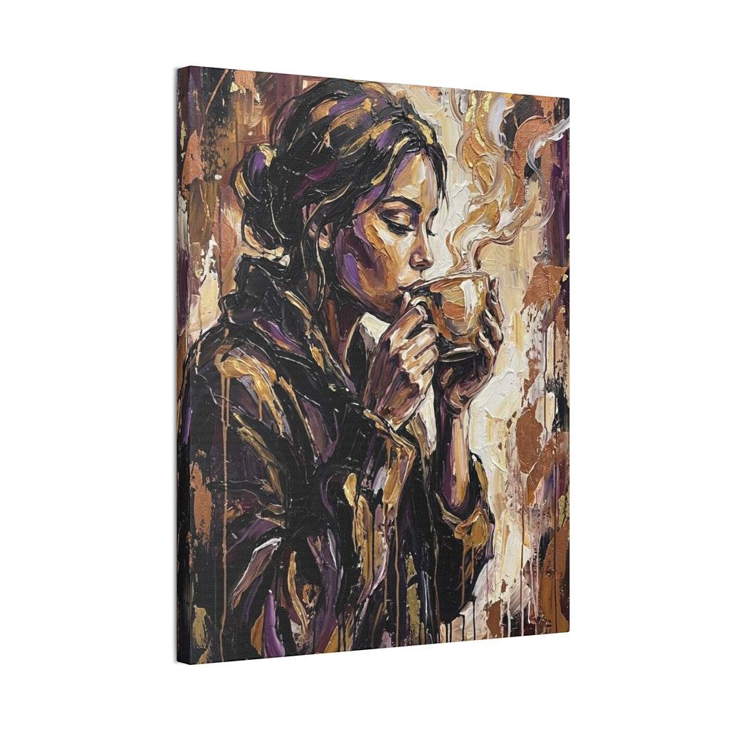 Woman Drinking Coffee Expressionist Canvas Wall Art — Kitchen Decor
