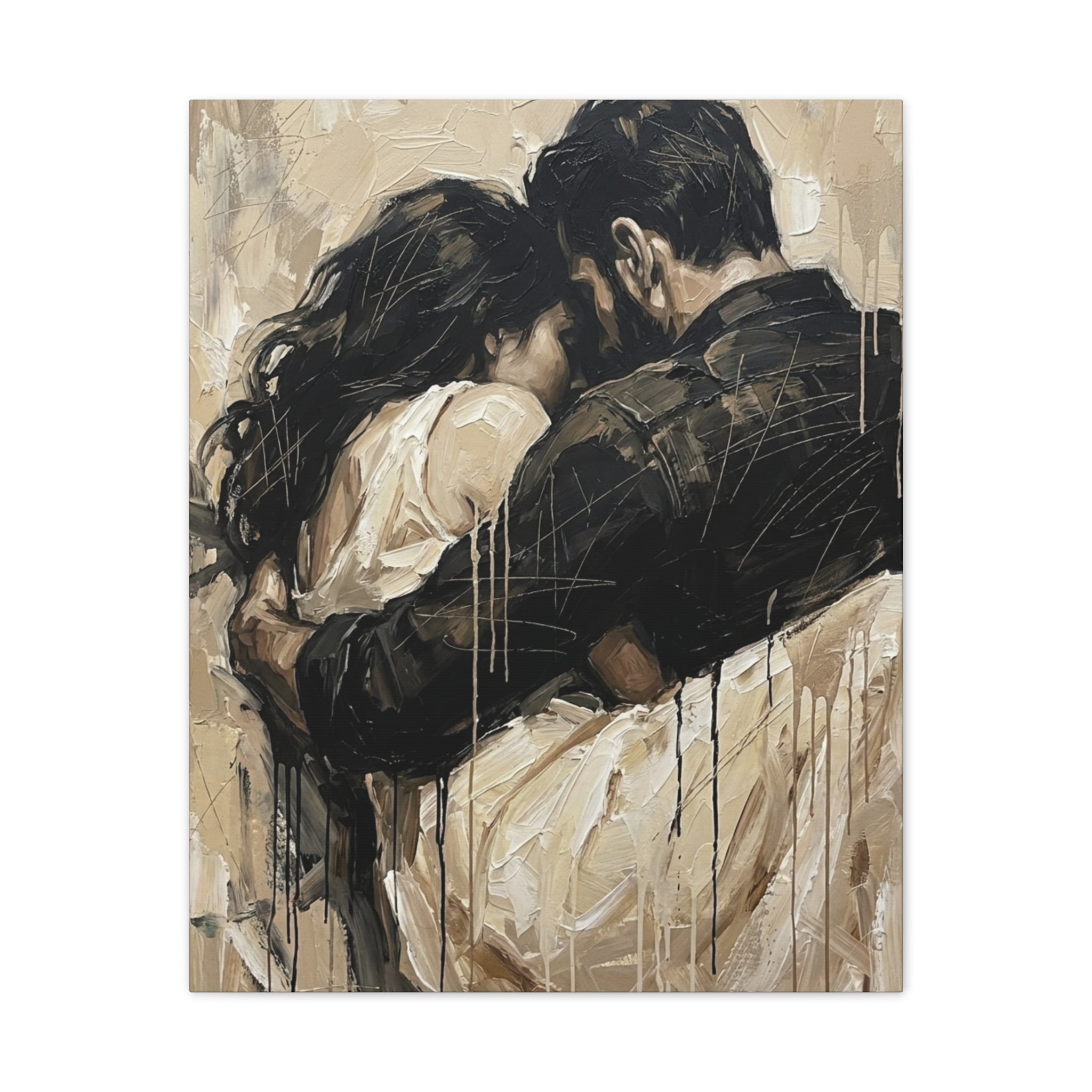 Safety Being Held - Expressionist Loving Couple Canvas Art — Emotional Intimacy