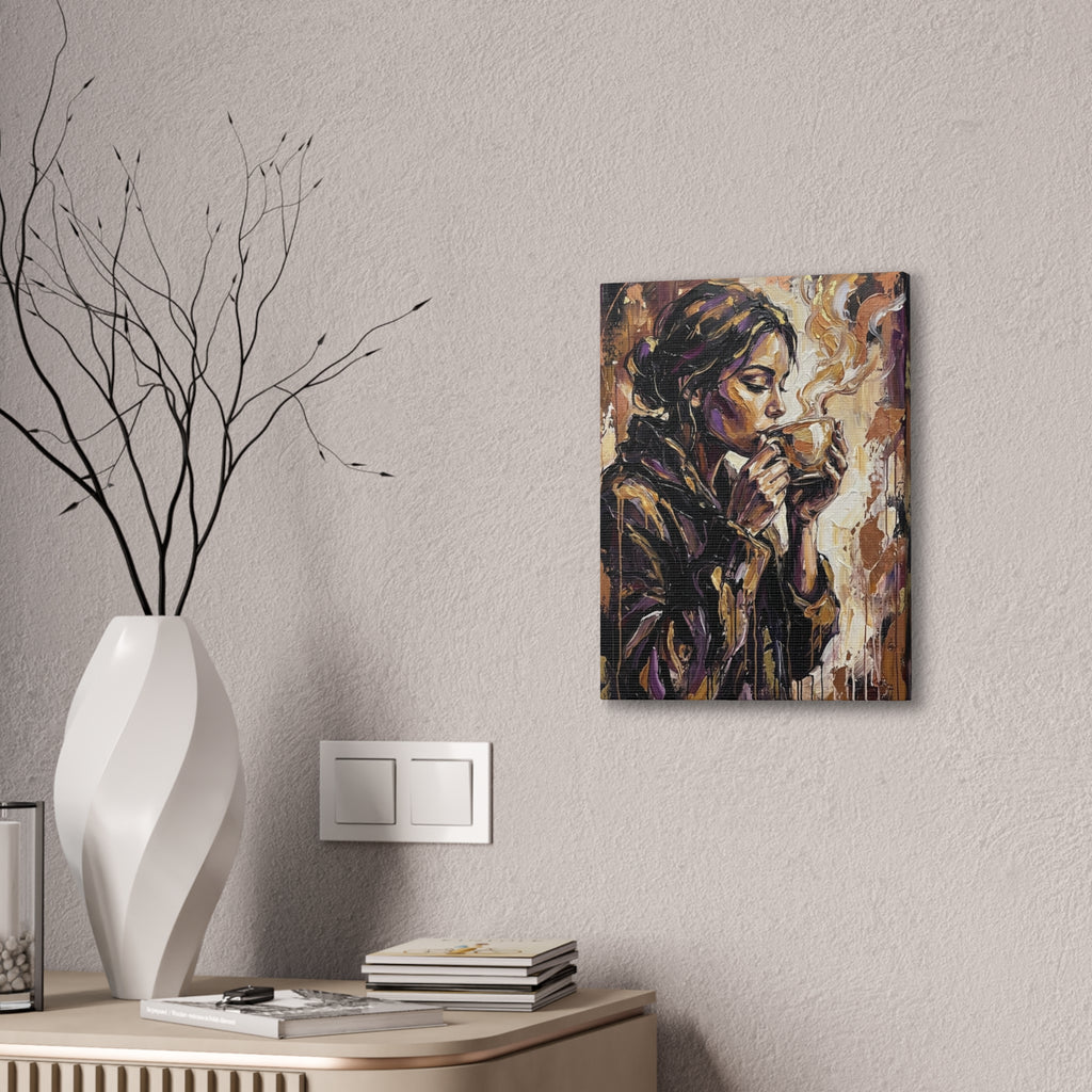 Woman Drinking Coffee Expressionist Canvas Wall Art — Kitchen Decor