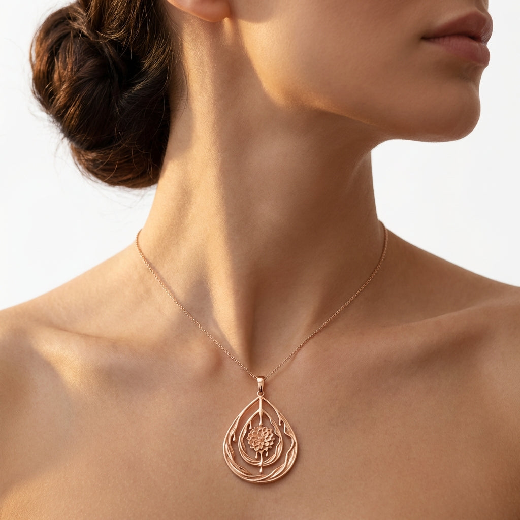 Gold Teardrop Flower Pendant Necklace – Dahlia Pendant in Silver or Solid Gold