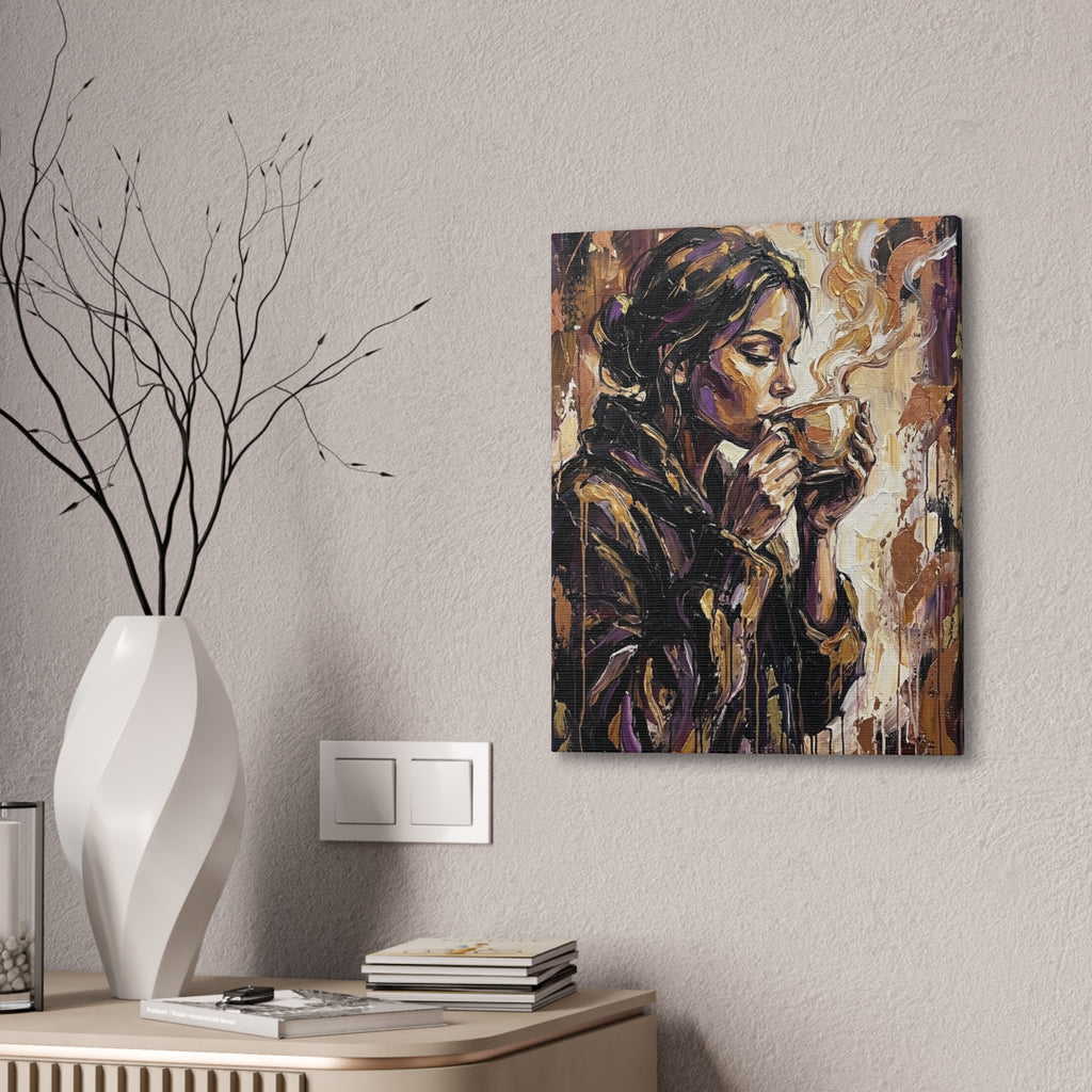 Woman Drinking Coffee Expressionist Canvas Wall Art — Kitchen Decor
