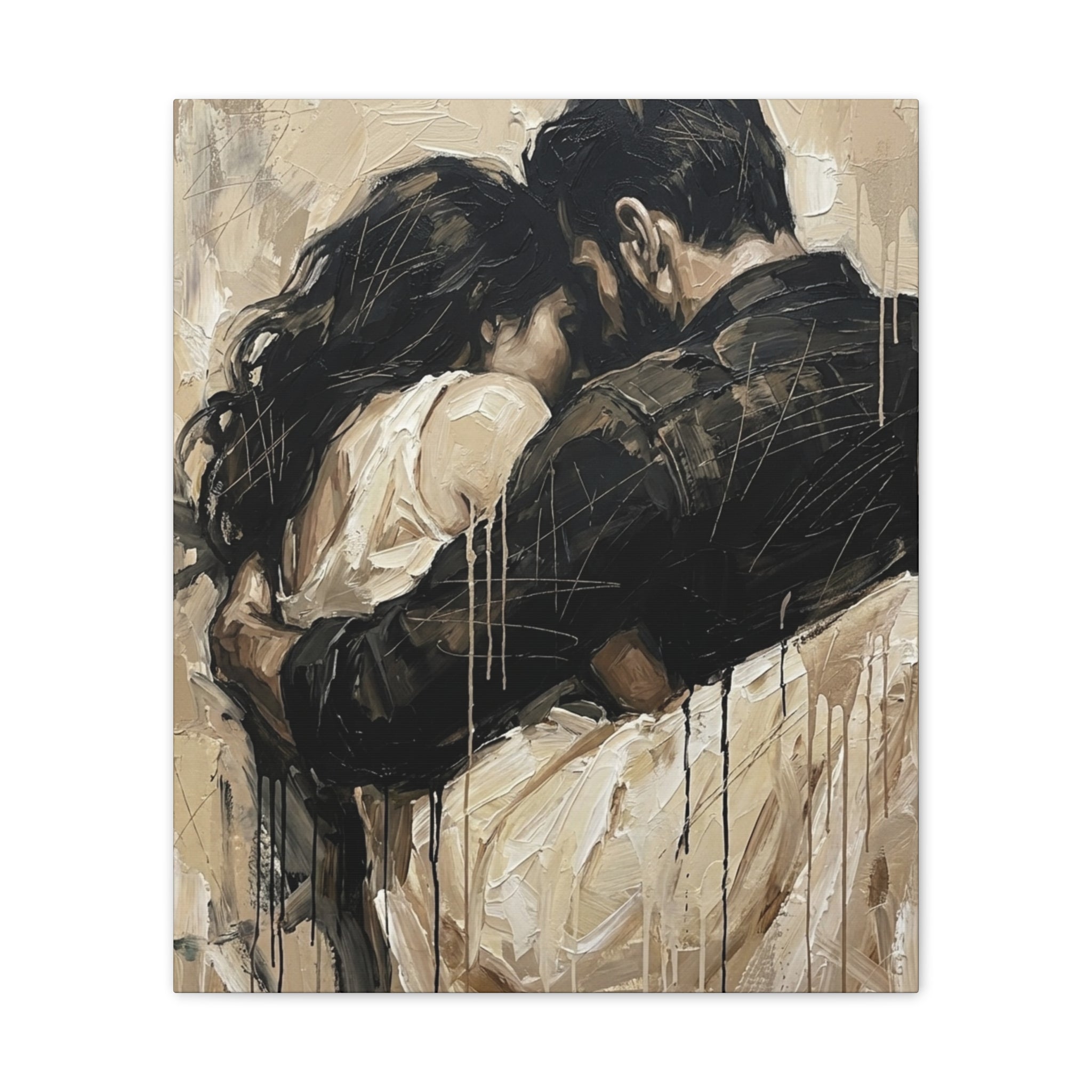 Safety Being Held - Expressionist Loving Couple Canvas Art — Emotional Intimacy
