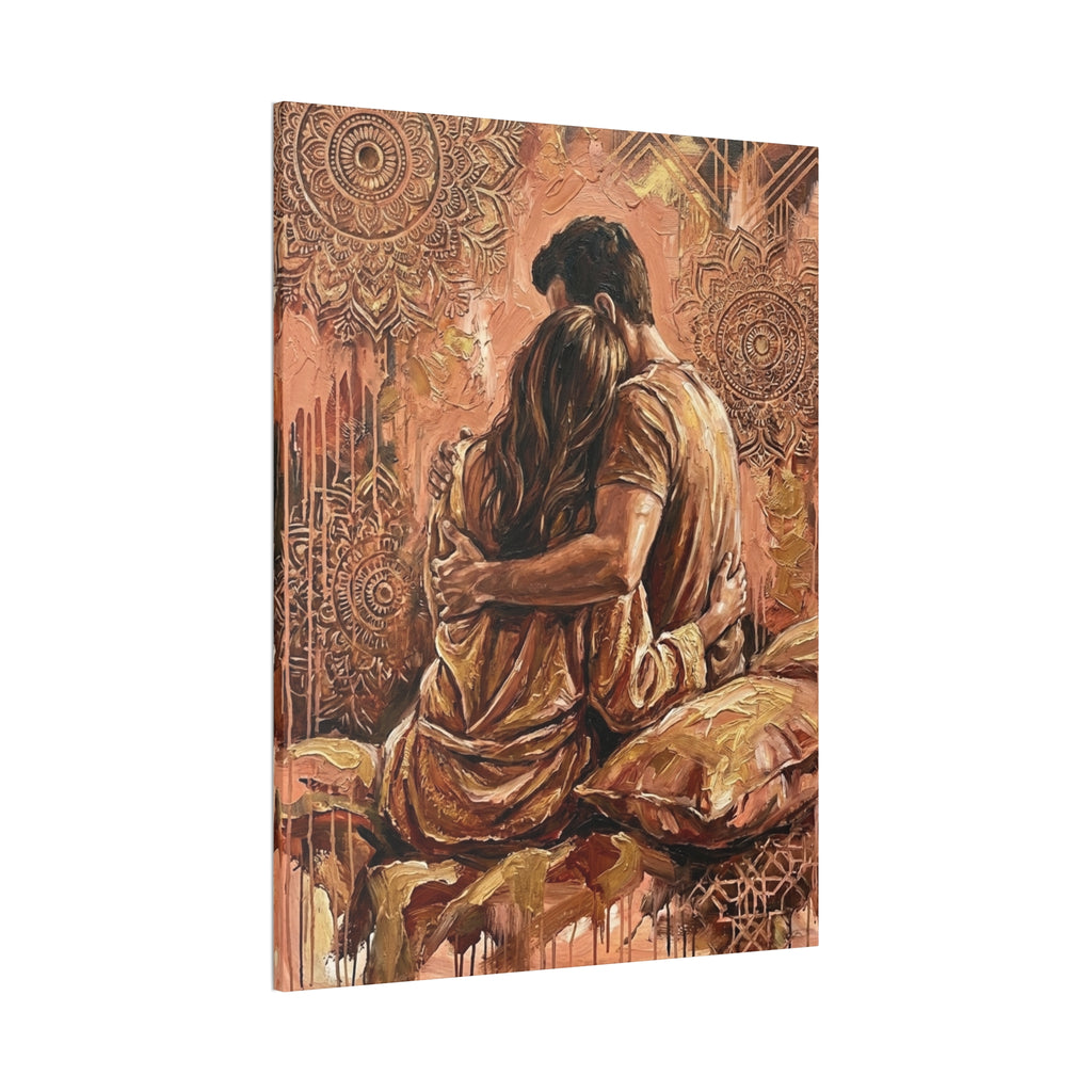 Rose Gold Mandala Lovers Canvas Wall Art — Intimate Couple Embrace (Stretched)