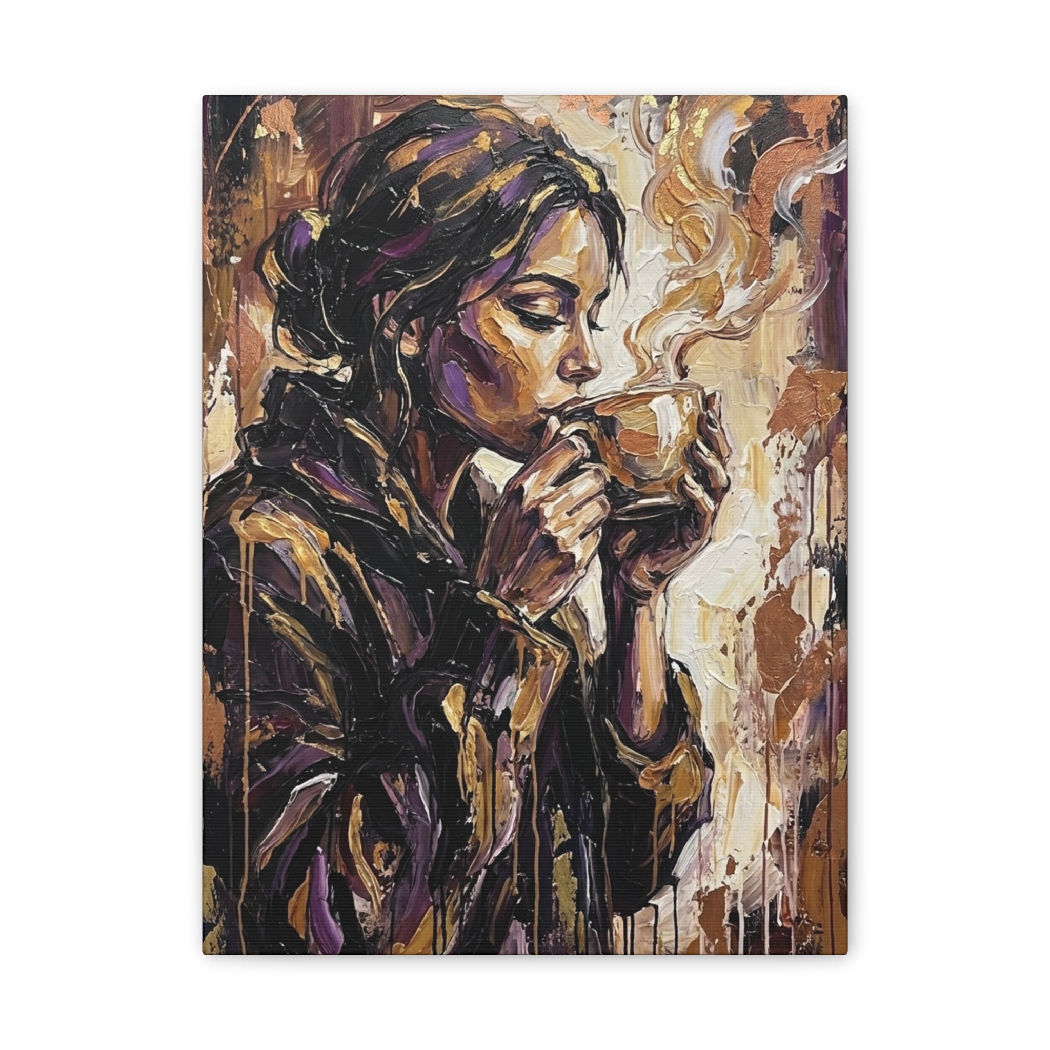 Woman Drinking Coffee Expressionist Canvas Wall Art — Kitchen Decor