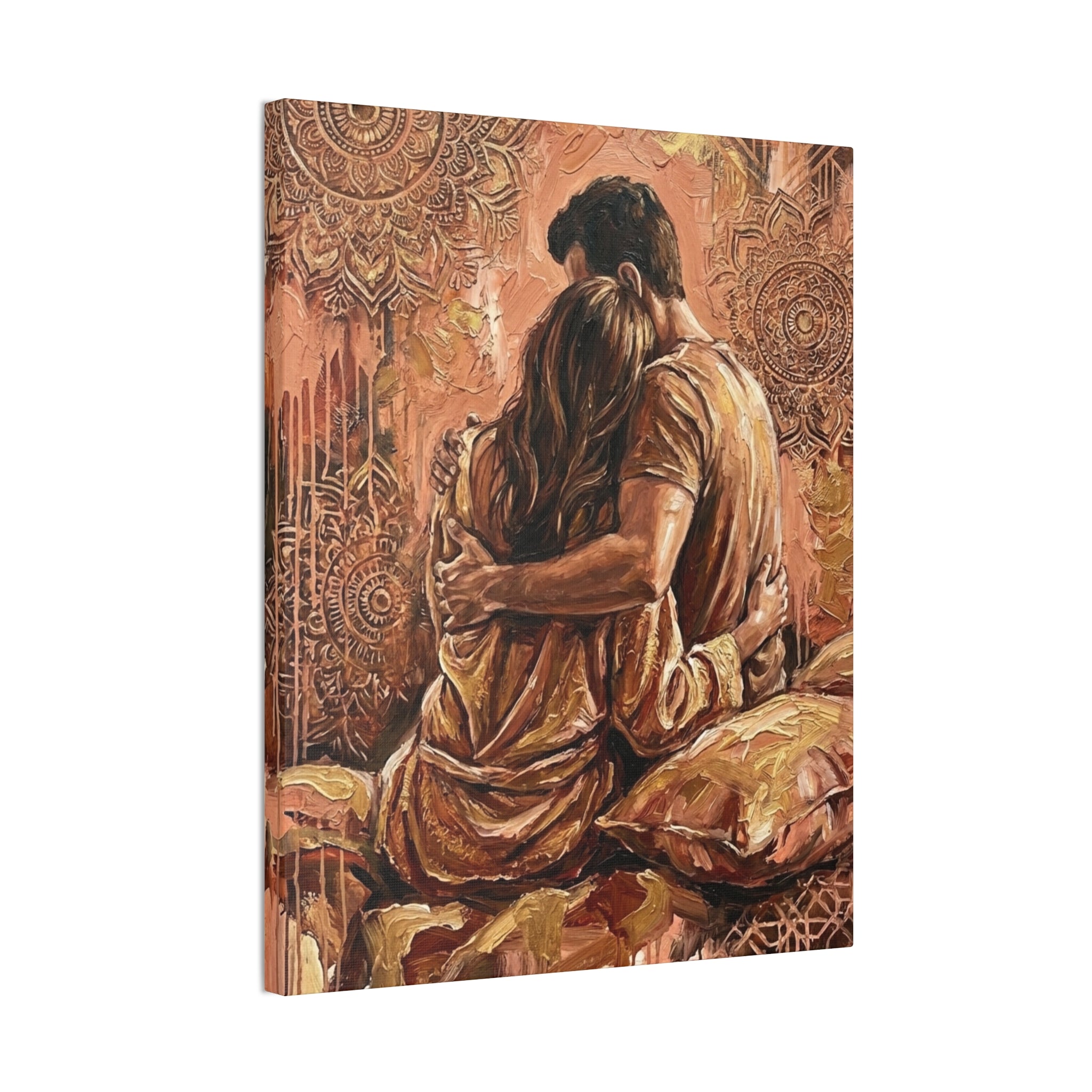Rose Gold Mandala Lovers Canvas Wall Art — Intimate Couple Embrace (Stretched)