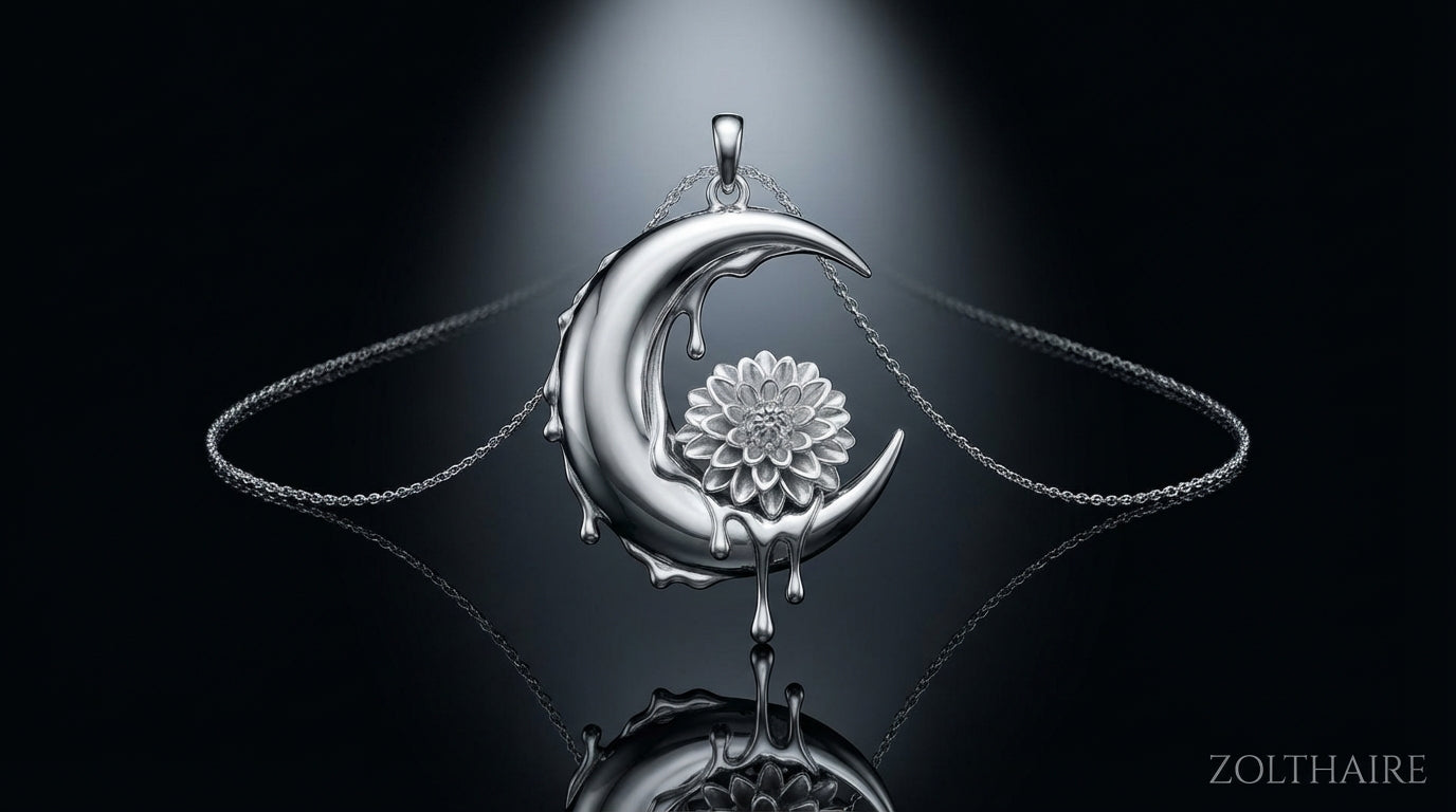 Dahlia Crescent Pendant Necklace – Moon Flower Pendant in Silver or Solid Gold