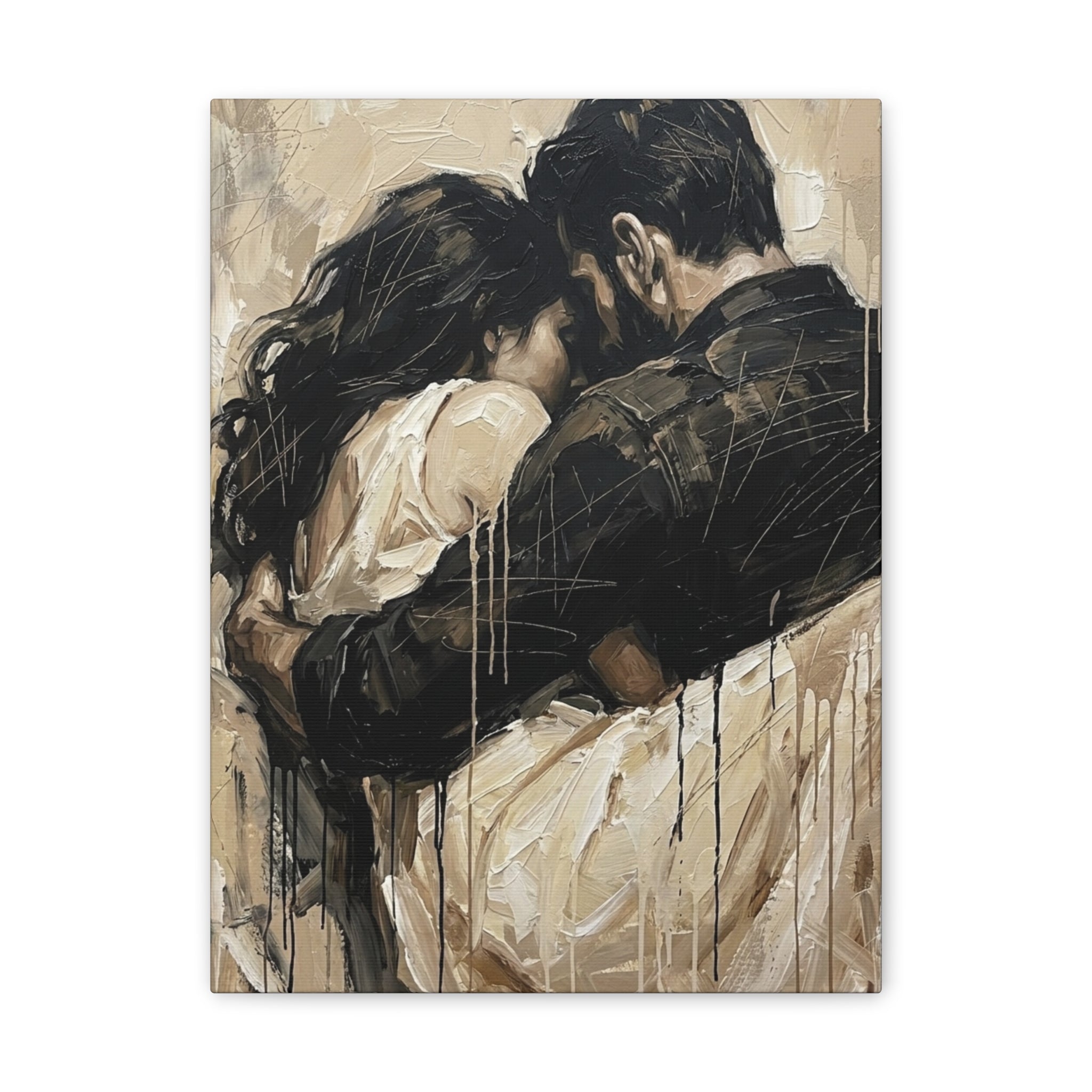 Safety Being Held - Expressionist Loving Couple Canvas Art — Emotional Intimacy
