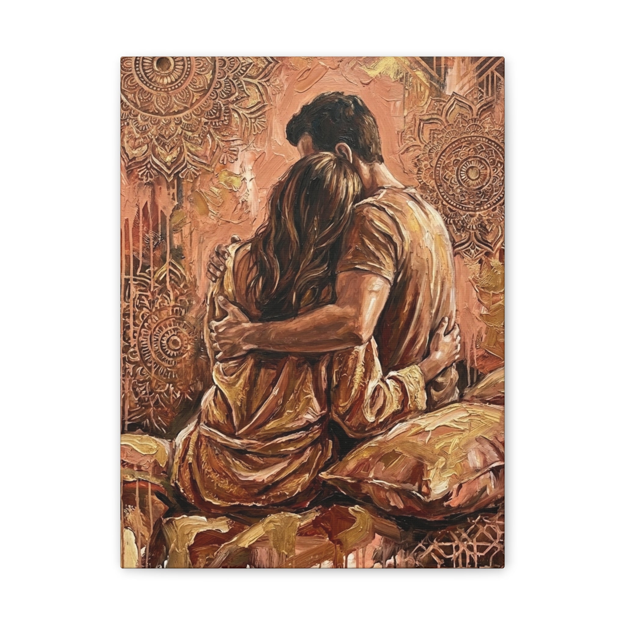 Rose Gold Mandala Lovers Canvas Wall Art — Intimate Couple Embrace (Stretched)