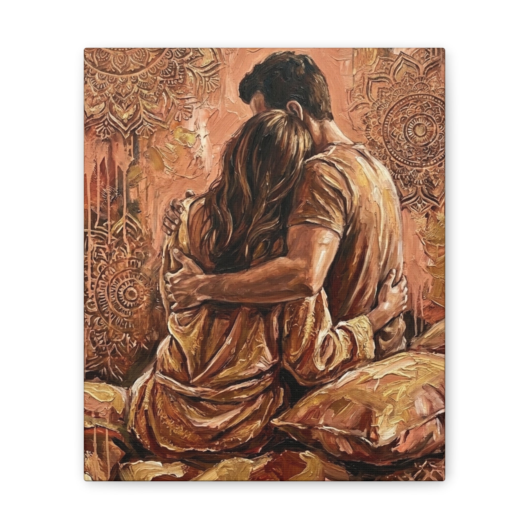 Rose Gold Mandala Lovers Canvas Wall Art — Intimate Couple Embrace (Stretched)