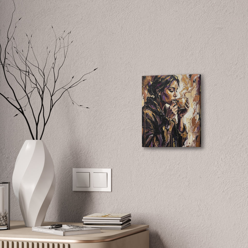 Woman Drinking Coffee Expressionist Canvas Wall Art — Kitchen Decor