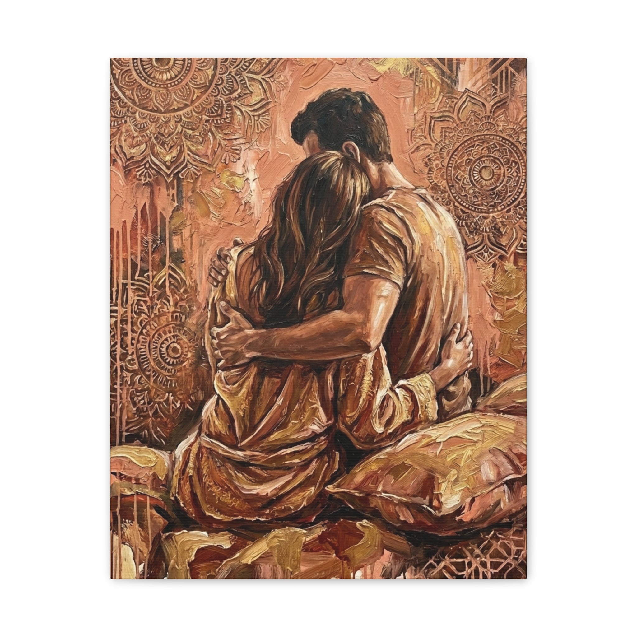 Rose Gold Mandala Lovers Canvas Wall Art — Intimate Couple Embrace (Stretched)