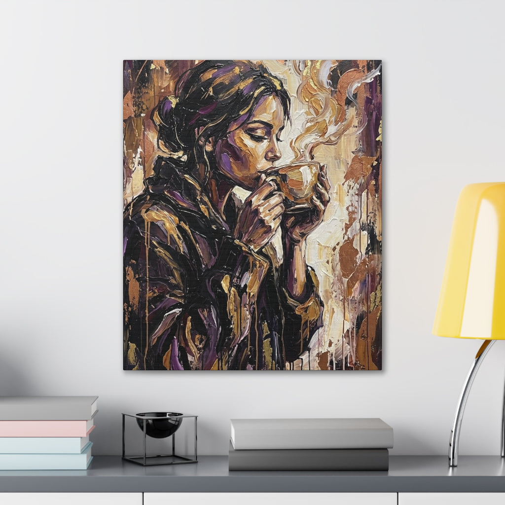 Woman Drinking Coffee Expressionist Canvas Wall Art — Kitchen Decor