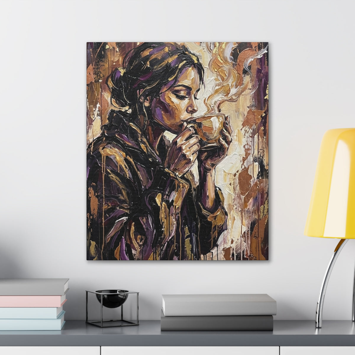 Woman Drinking Coffee Expressionist Canvas Wall Art — Kitchen Decor