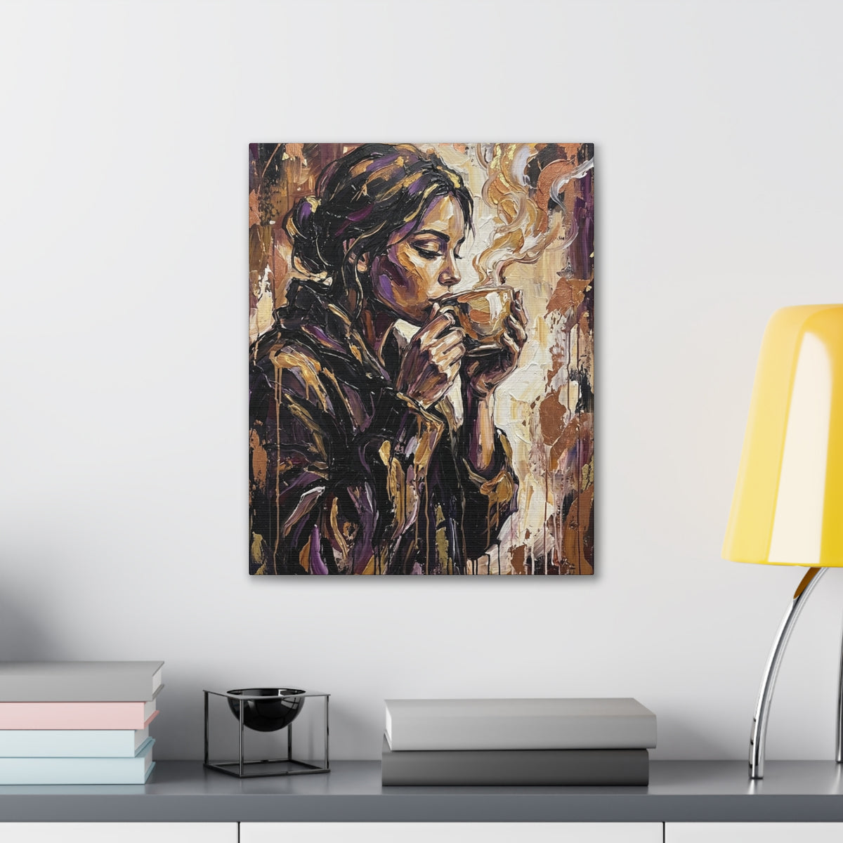 Woman Drinking Coffee Expressionist Canvas Wall Art — Kitchen Decor