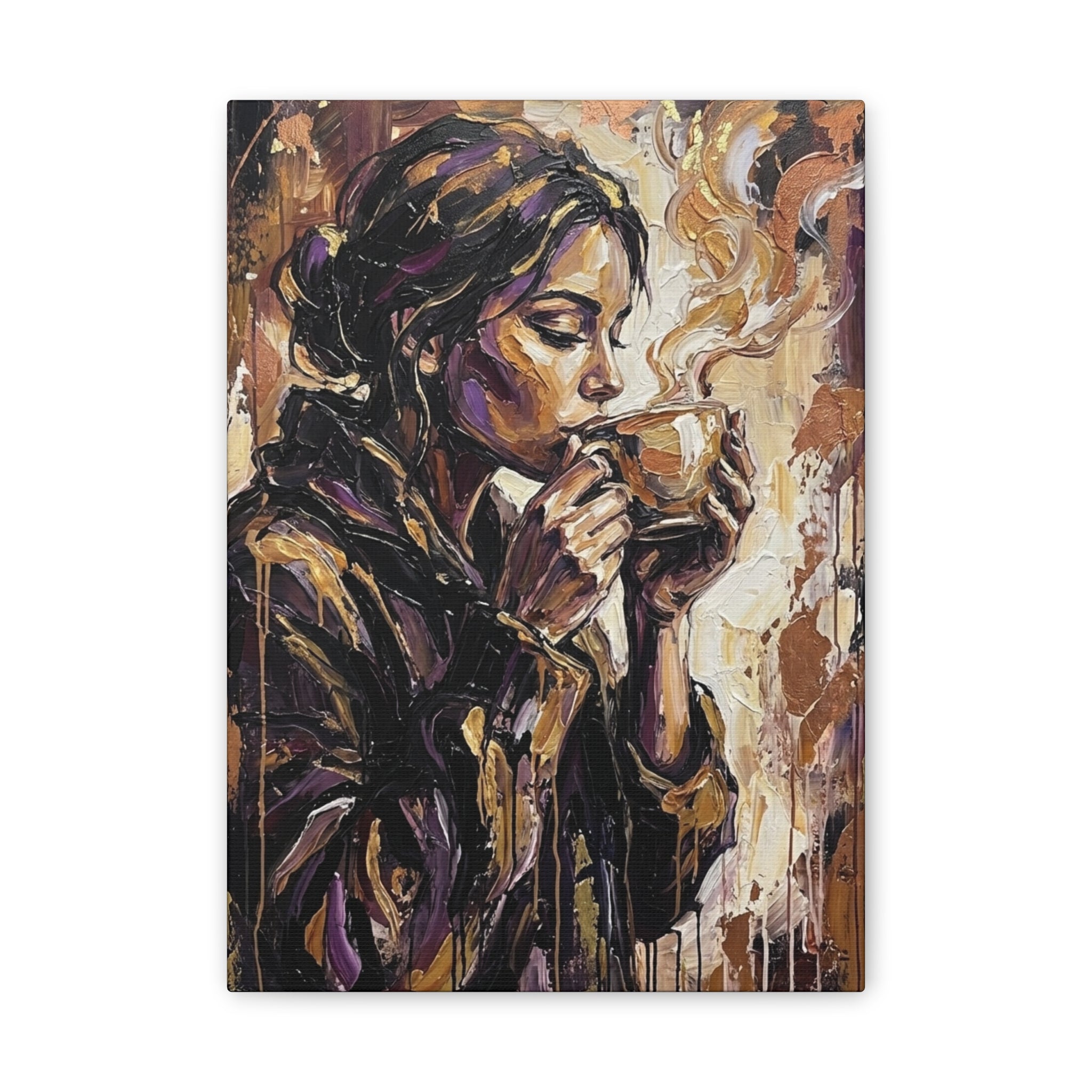 Woman Drinking Coffee Expressionist Canvas Wall Art — Kitchen Decor