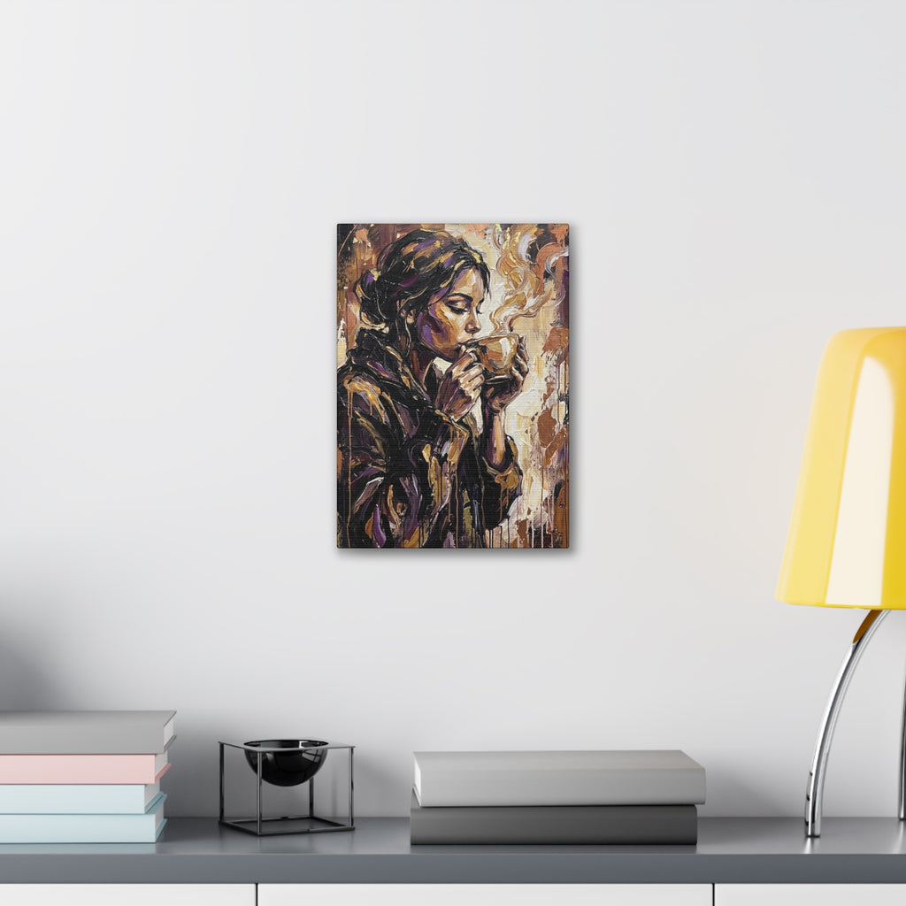 Woman Drinking Coffee Expressionist Canvas Wall Art — Kitchen Decor